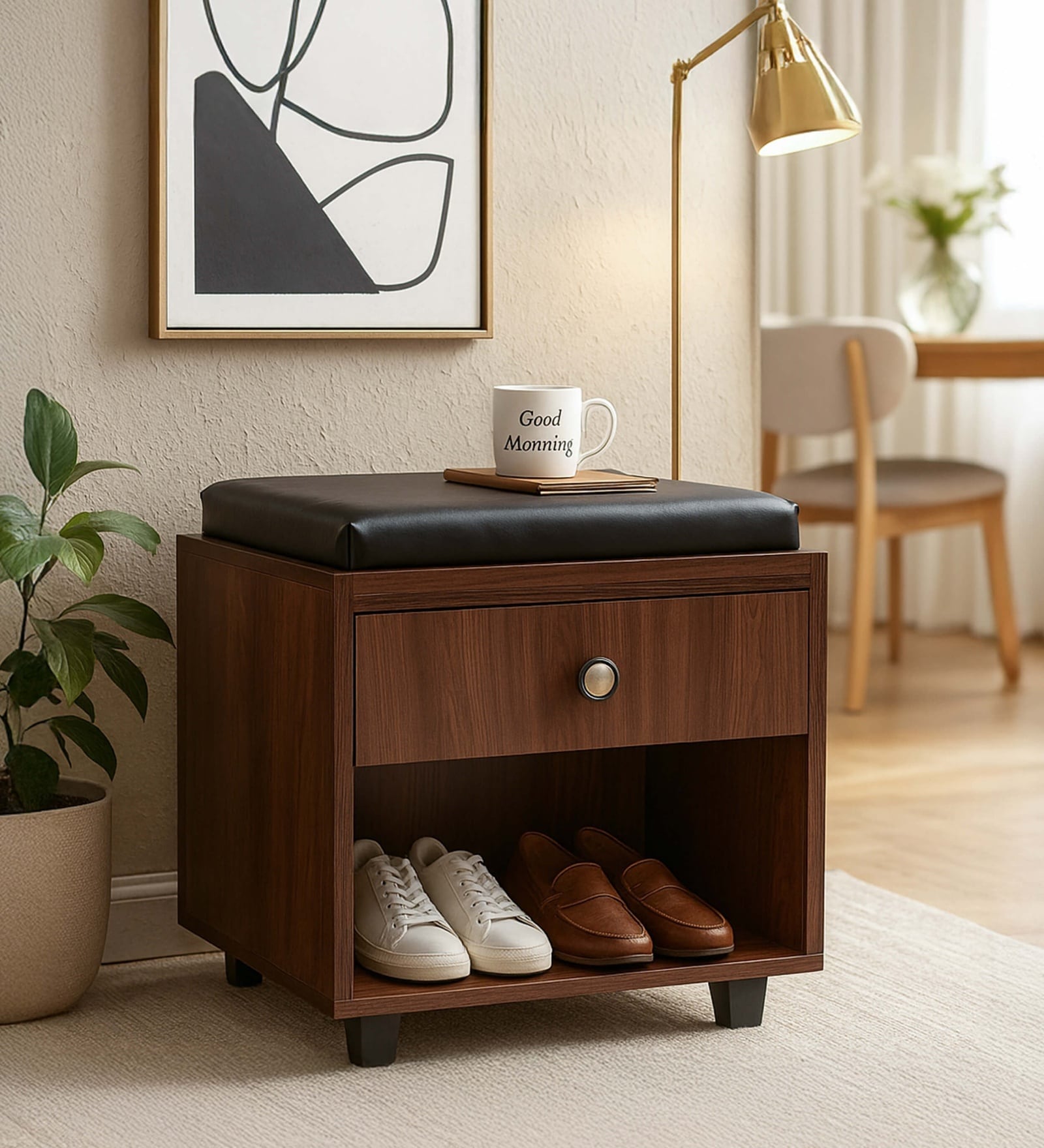Nano Shoe Cabinet In Walnut Finish With Seating