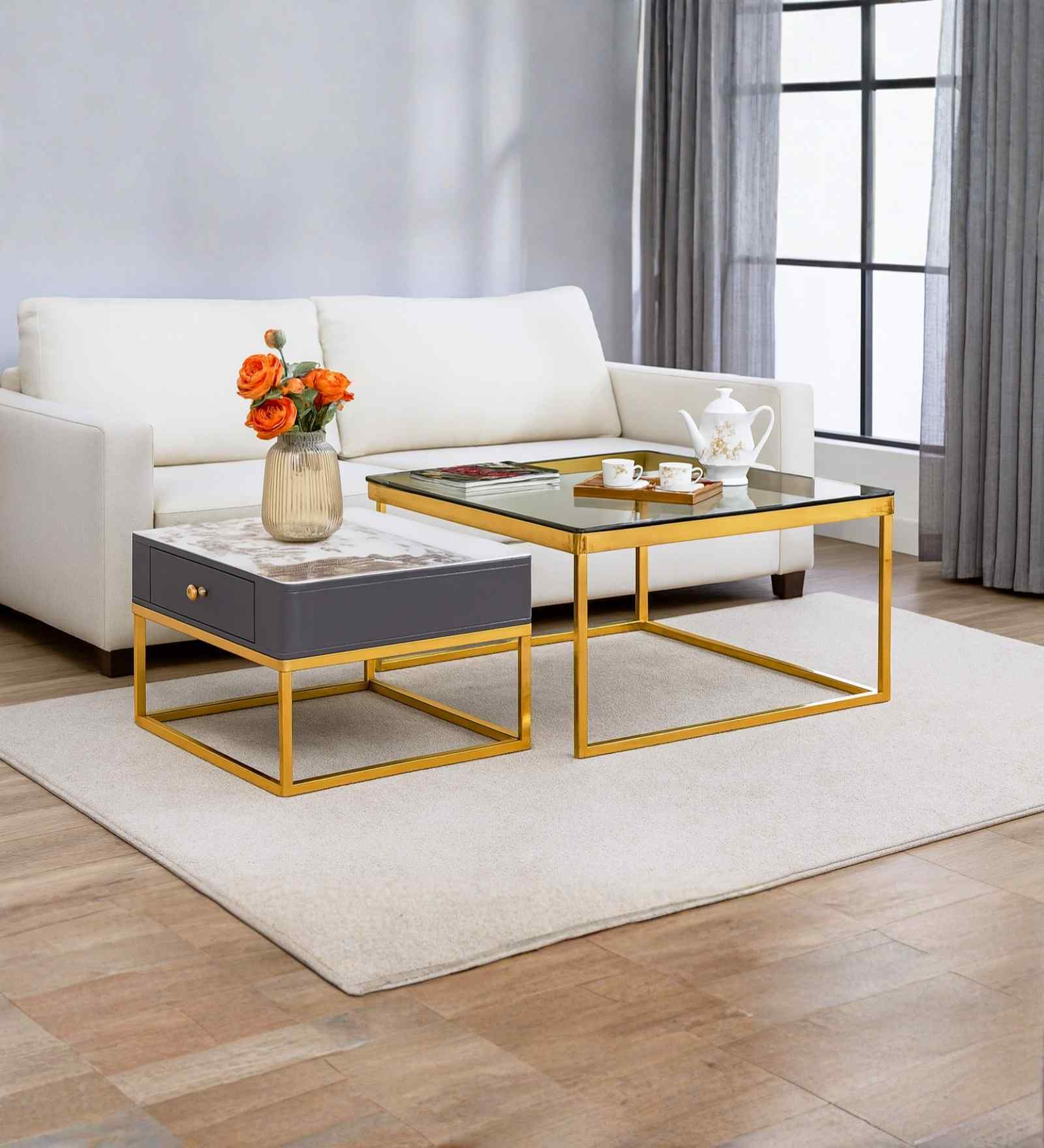 Naples Italian Glass & Stone Top Nesting Coffee Table Set of 2 In Gold Finish