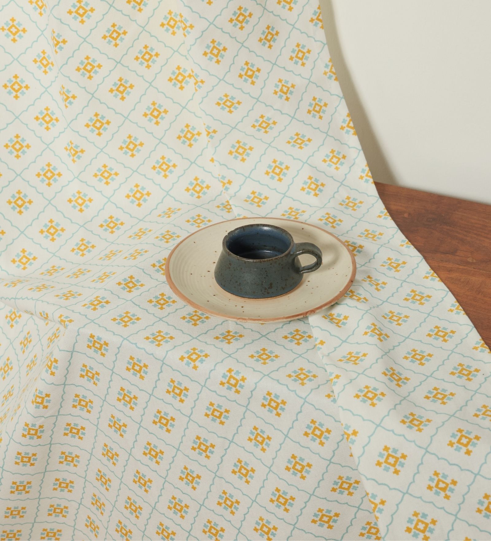 Naples Yellow & Blue Cotton 230 GSM  Geometric 5 Feet Room Darkening Eyelet Window Curtains (2 Pc)