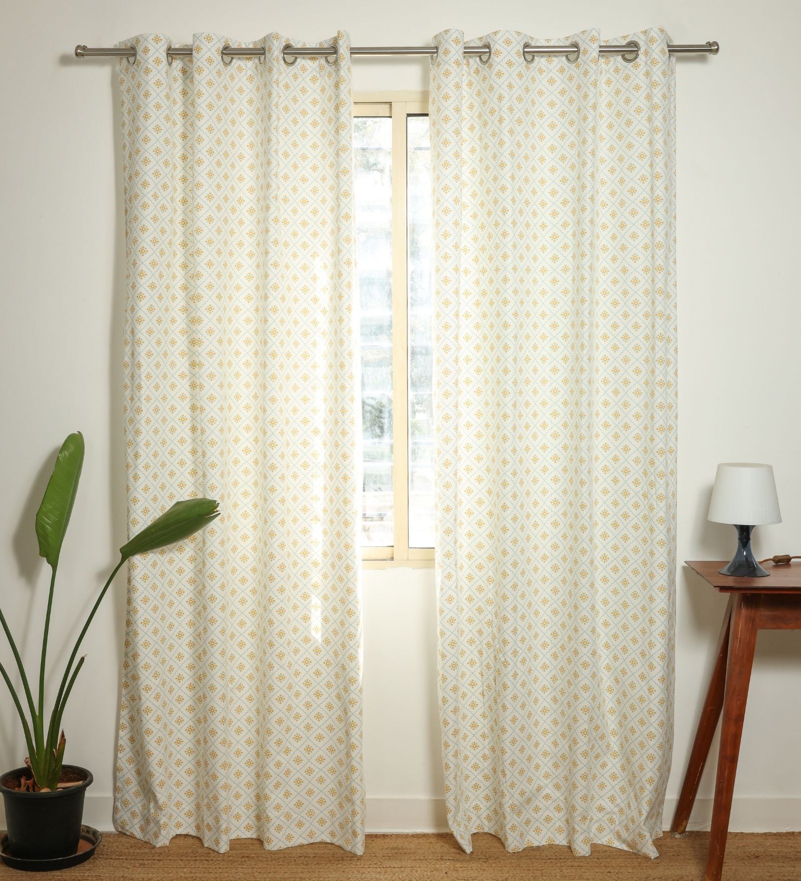 Naples Yellow & Blue Cotton 230 GSM  Geometric 7 Feet Room Darkening Eyelet Door Curtains (2 Pc)
