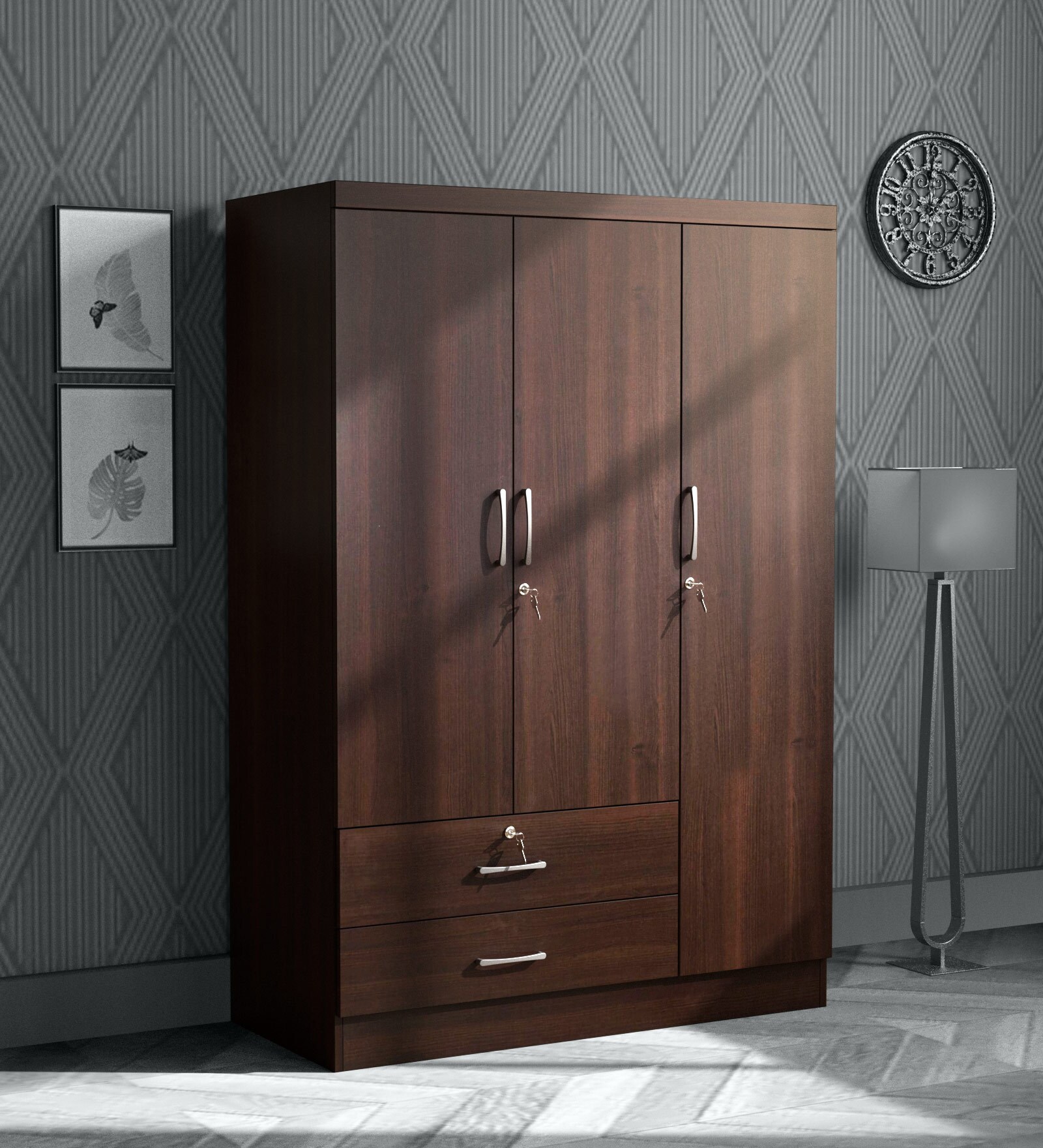 Nariko 3 Door Wardrobe with Drawers in Wenge Finish with Lock