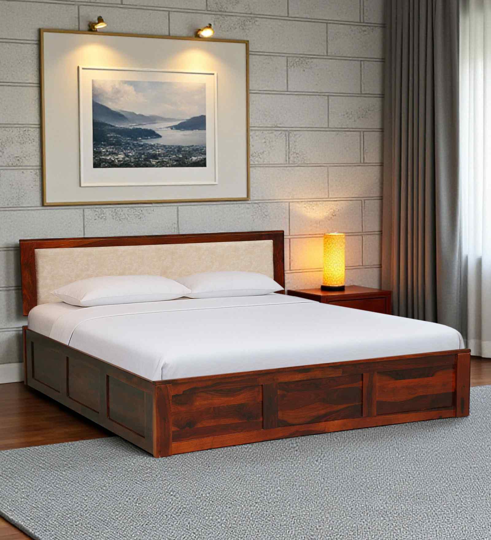 Narvik Sheesham Wood King Size Bed In Honey Oak  Finish With Hydraulic Storage
