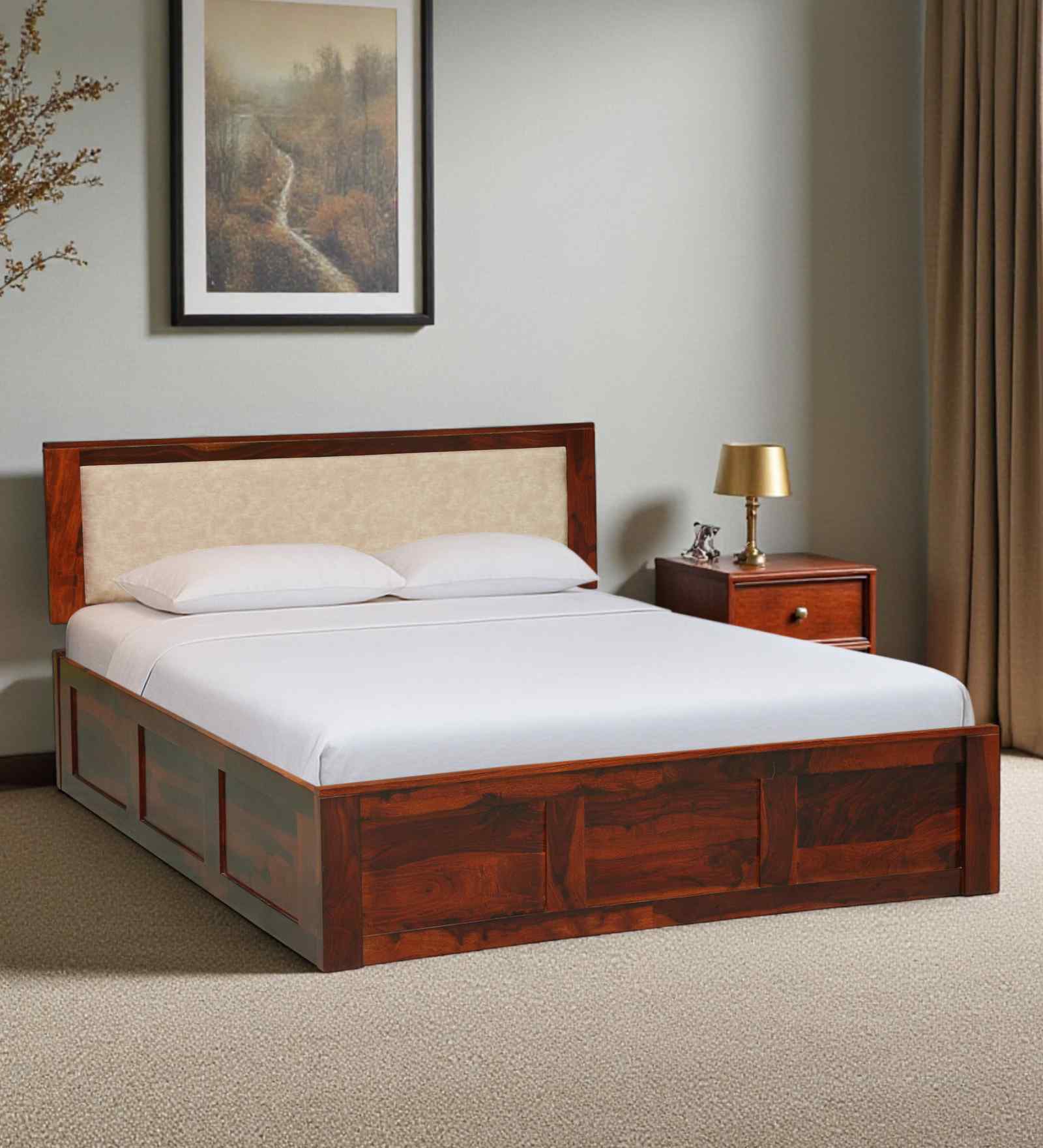 Narvik Sheesham Wood Queen Size Bed In Honey Oak  Finish With Box Storage