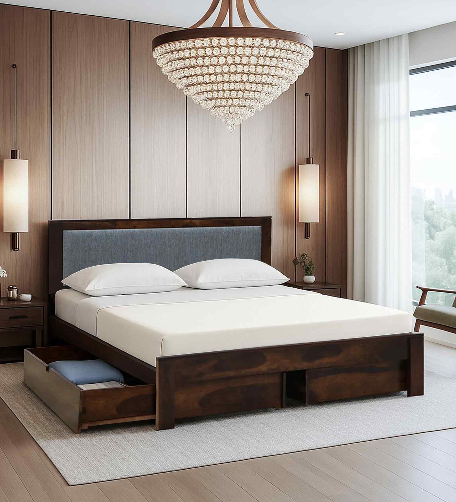 Narvik Sheesham Wood Queen Size Bed In Provincial Teak Finish With Drawer Storage