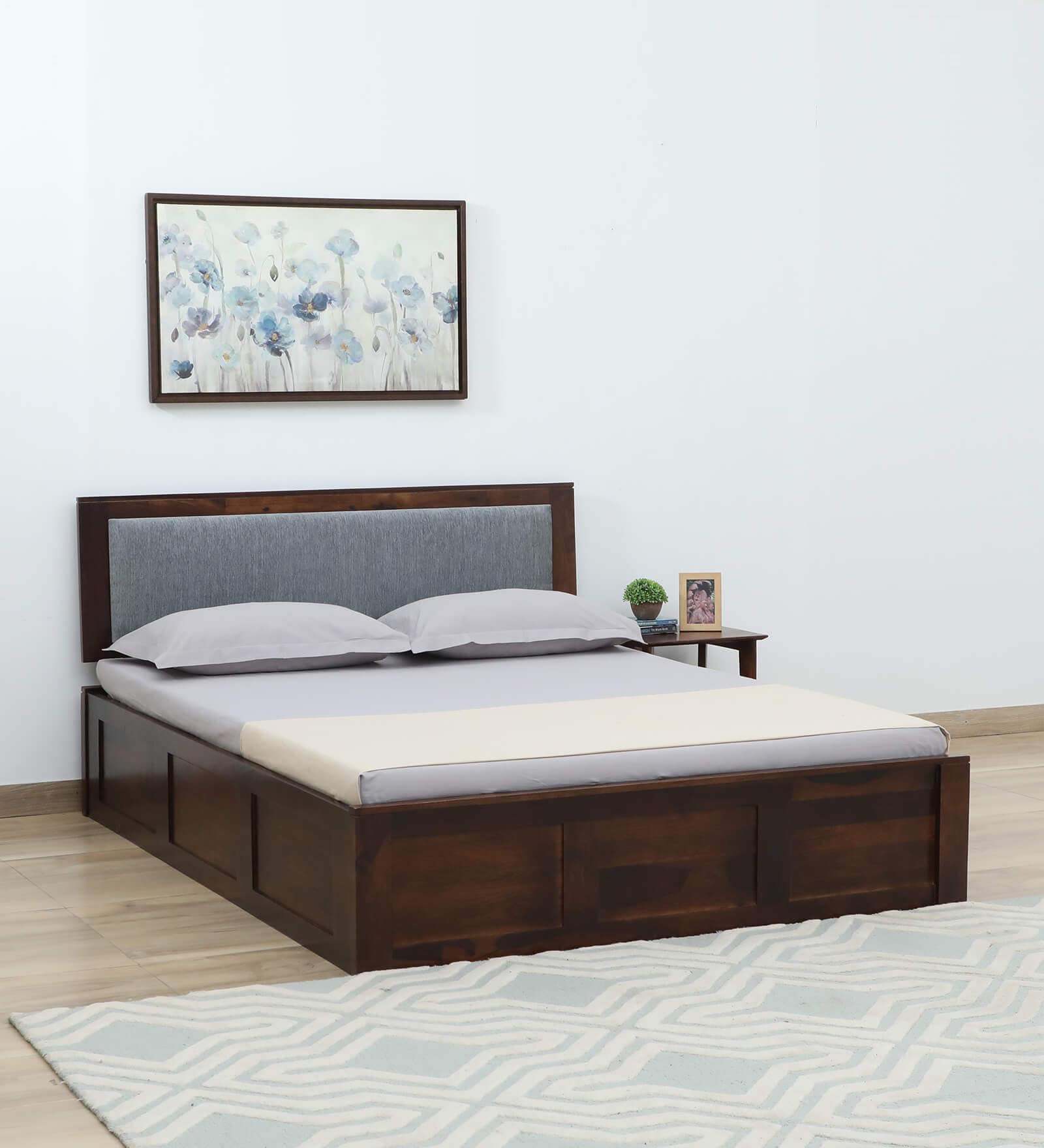 Narvik Sheesham Wood Queen Size Bed In Provincial Teak Finish With Hydraulic Storage