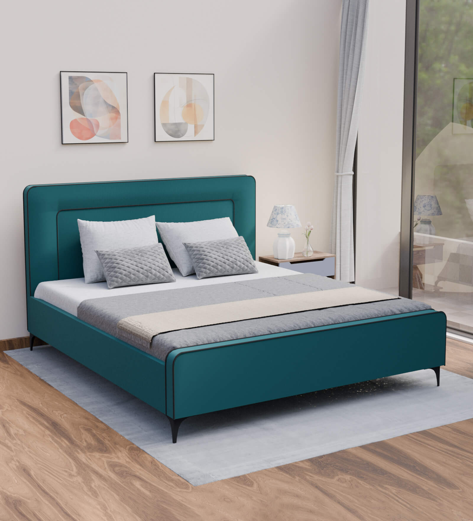 Natalia Upholstered King Size Bed In Teal Green Colour
