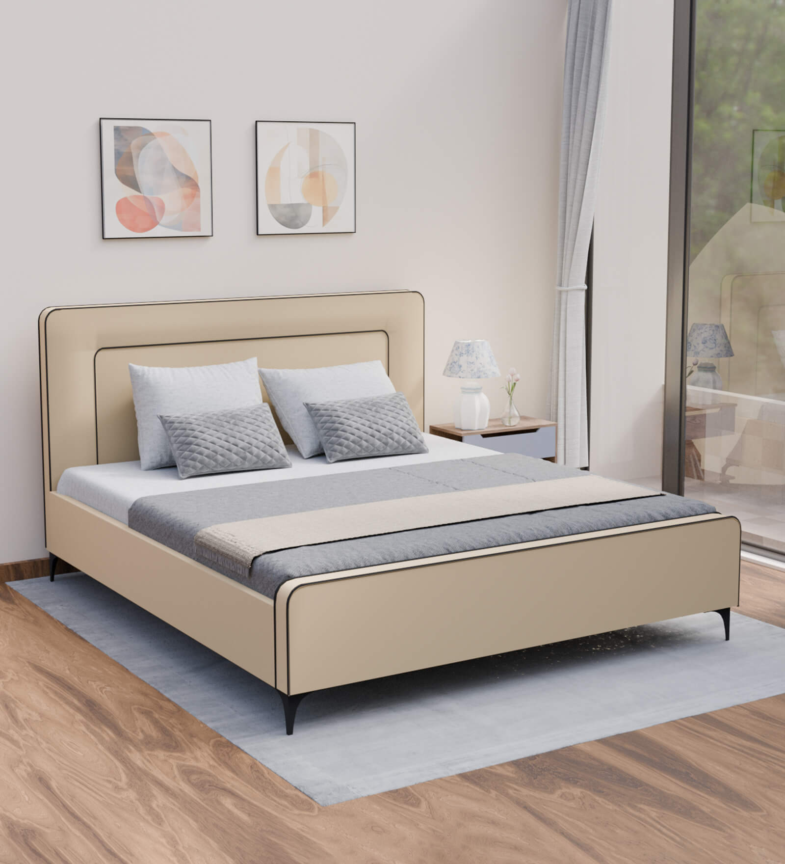 Natalia Upholstered Queen Size Bed In Beige Colour