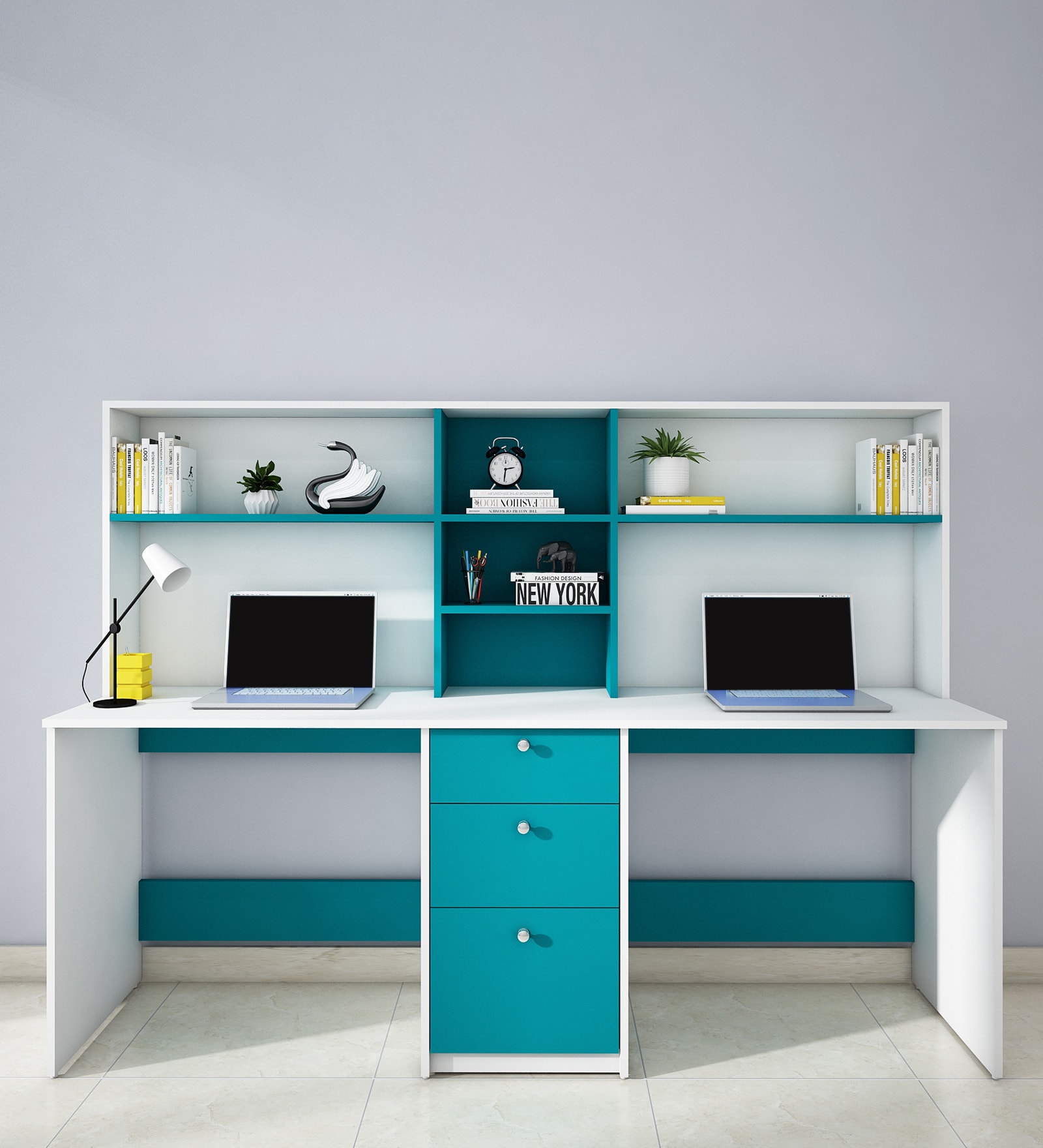 Natsu Hutch Desk in Frosty White And Ocean Green Finish