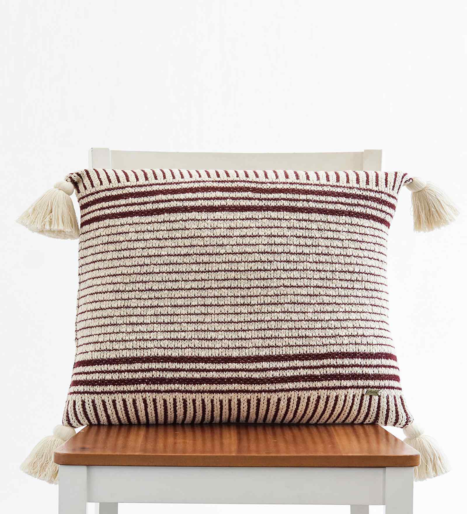 Natural & Maroon 100% Cotton Stripe Square 18X18 Inches Knitted Cushion Cover