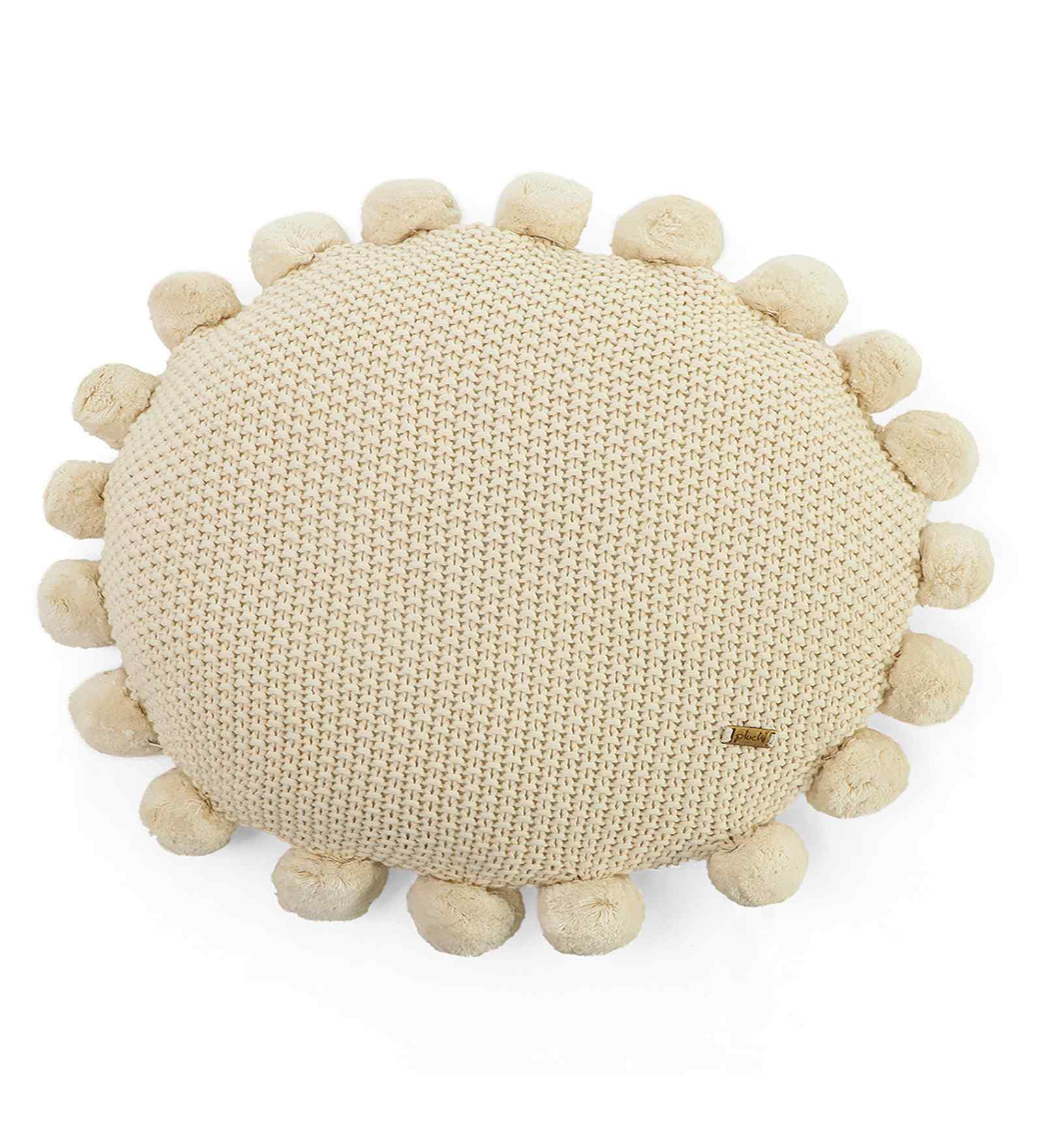 Natural 100% Cotton Pom Pom 16X16 Inches Knitted Cushion Cover