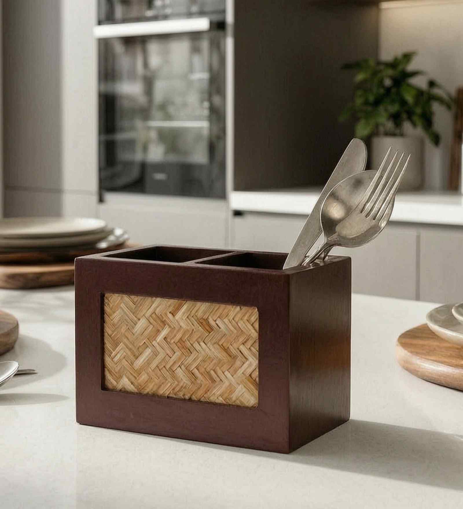 Natural Bamboo & Wood 2-Part Cutlery Holder