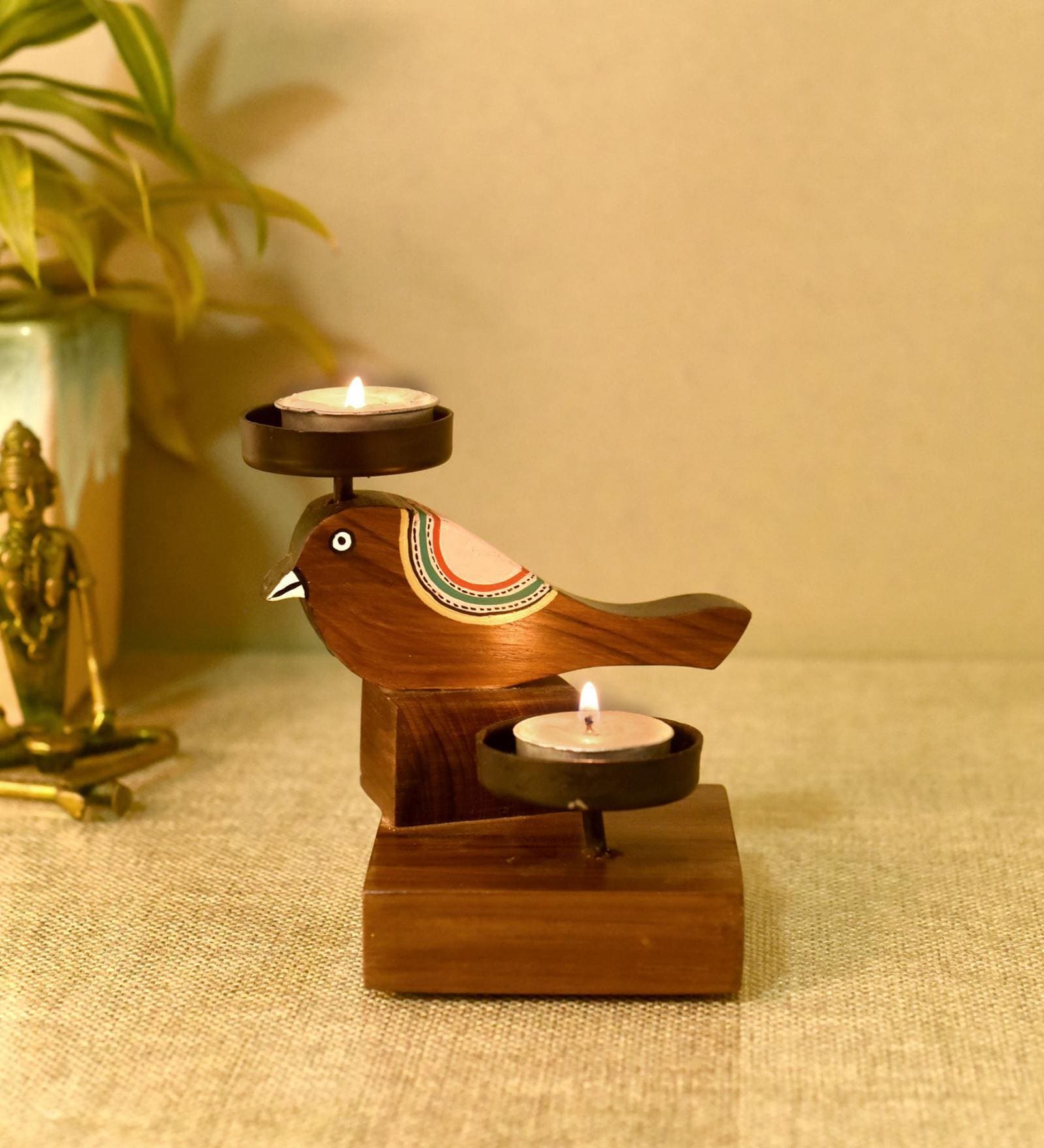 Natural Brown Teak Wood Tea Light Holder