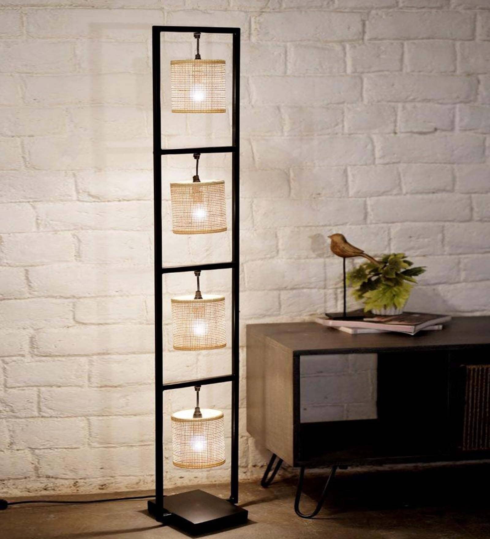 Natural Cane Shade Floor Lamp With Black Base