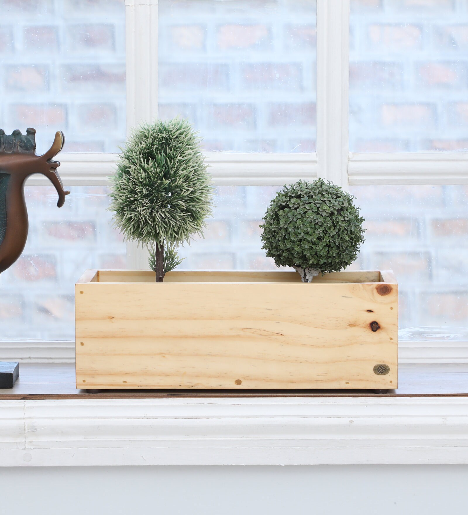 Natural Finish Pine Wood Rectangular Desk Pot