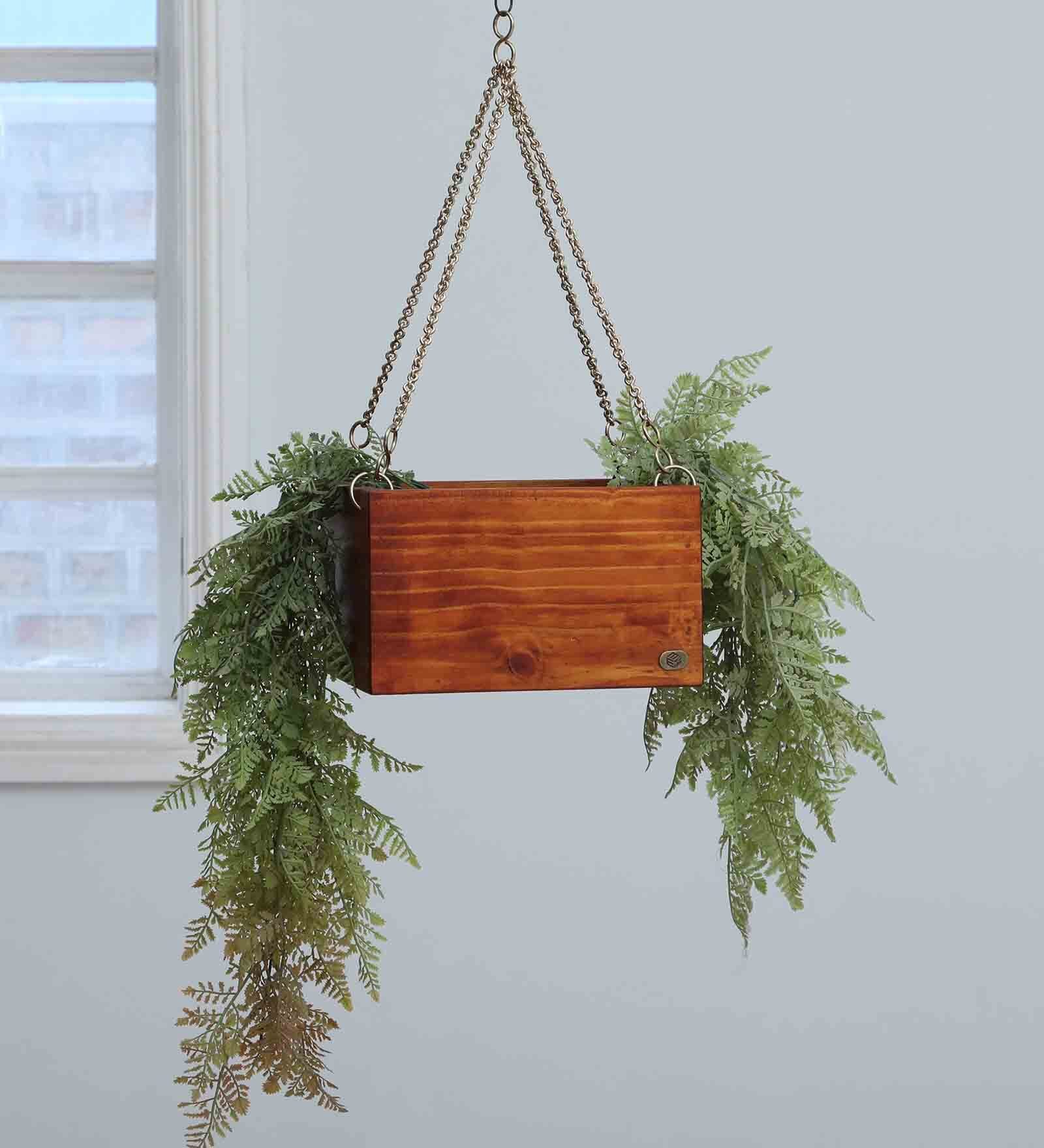 Natural Finish Pine Wood Square Hanging Planter
