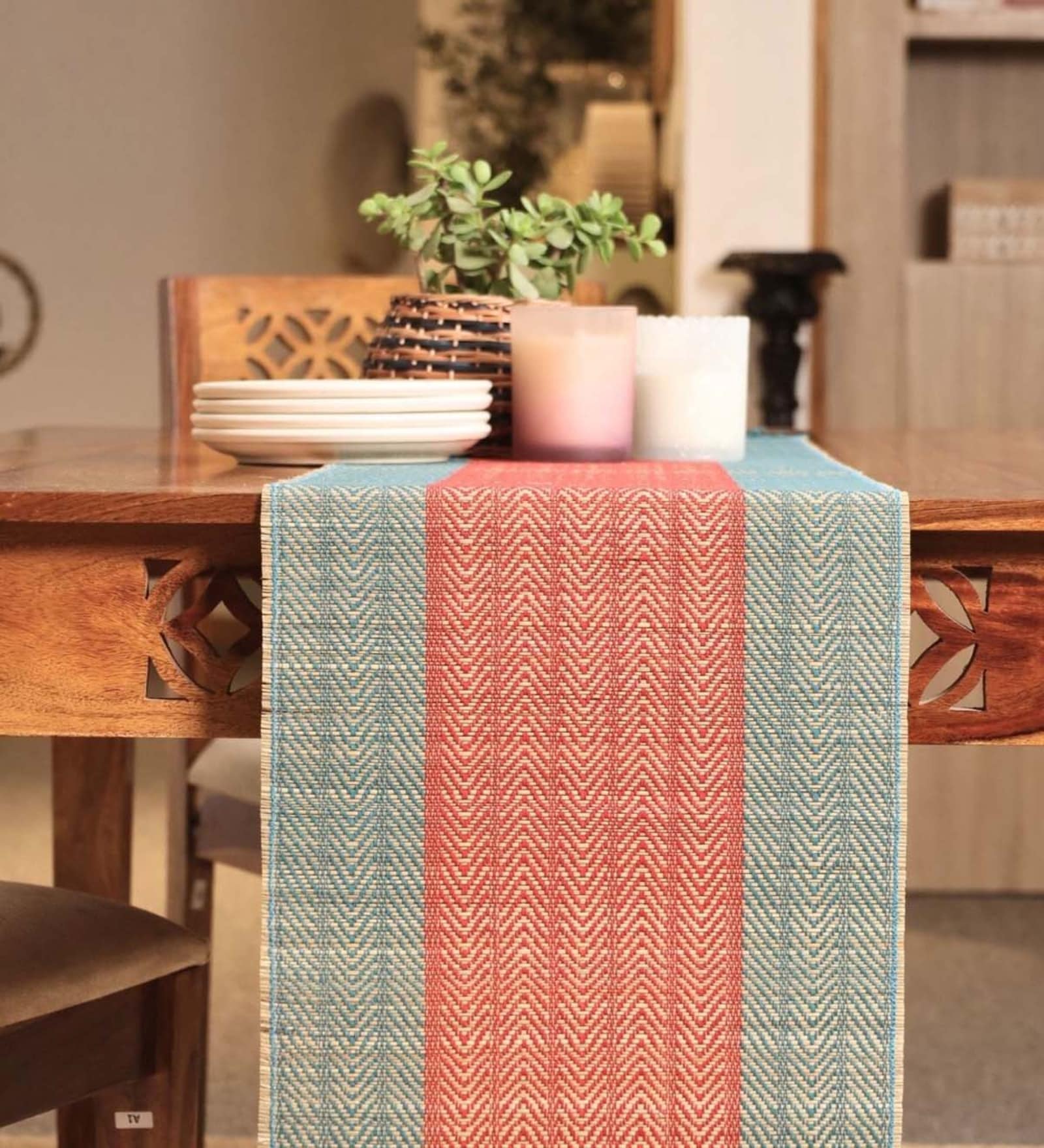 Natural Grass Handmade Heat Resistant Crystal Teal & Red  4 Seater (12x60inches) Table Runner