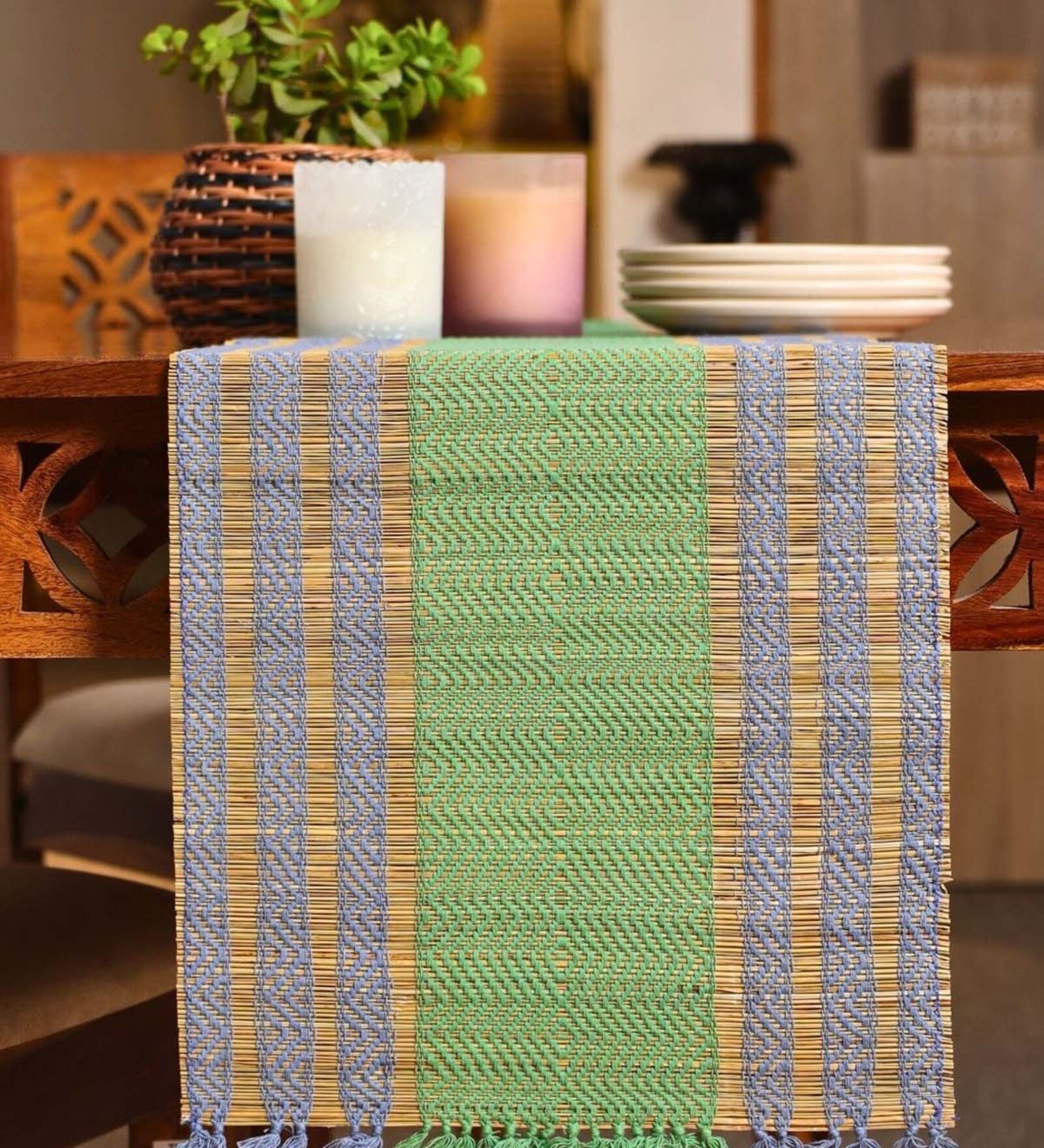 Natural Grass Handmade Heat Resistant Powder Blue & Aqua Green 6 Seater (12x72inches) Table Runner