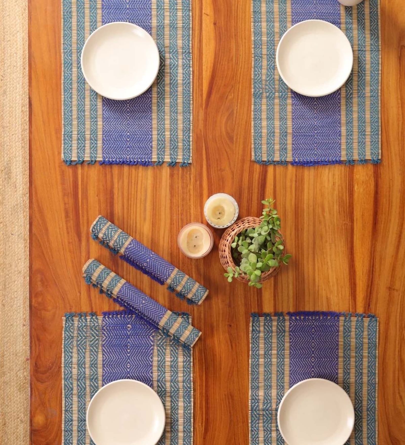 Natural Grass Handmade Heat Resistant Teal & Cobalt Blue  6 Seater Set of 6 (12x18inches) Table Placemats