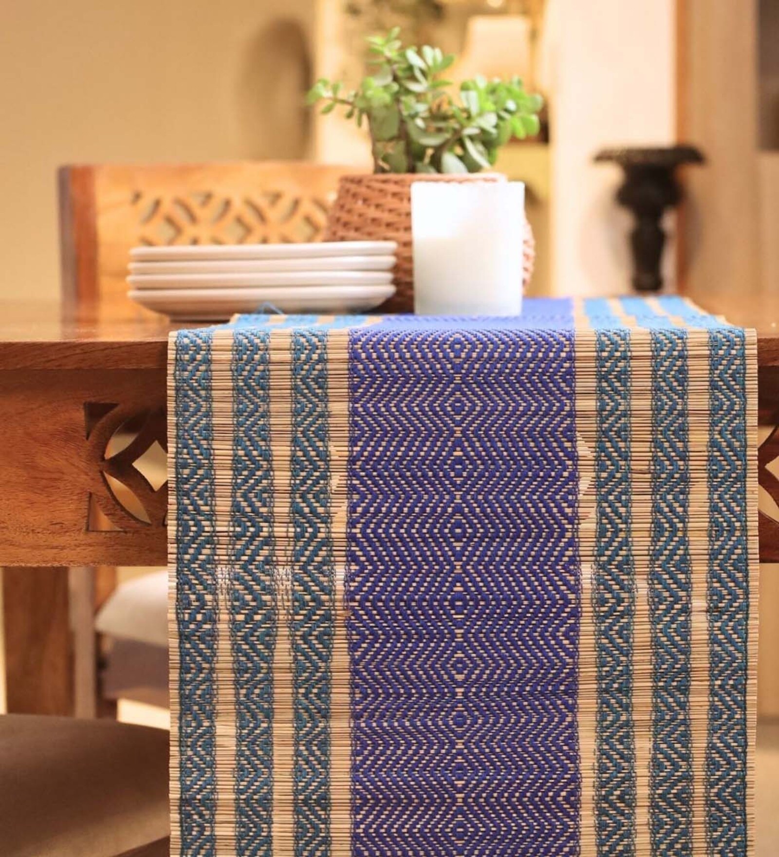 Natural Grass Handmade Heat Resistant Teal & Cobalt Blue 6 Seater (12x72inches) Table Runner
