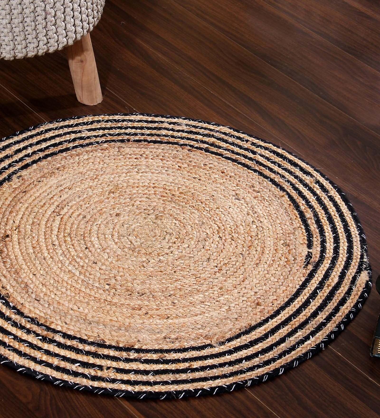 Natural Geometric Jute & Cotton 3 ft x 3 ft Hand Woven Round Carpet