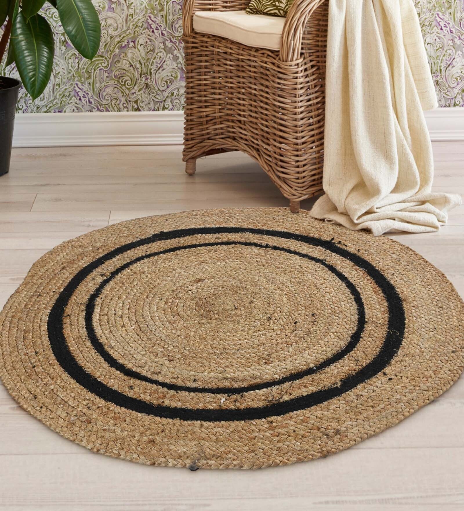 Natural Geometric Jute & Cotton 2.5 ft x 2.5 ft Hand Woven Round Carpet