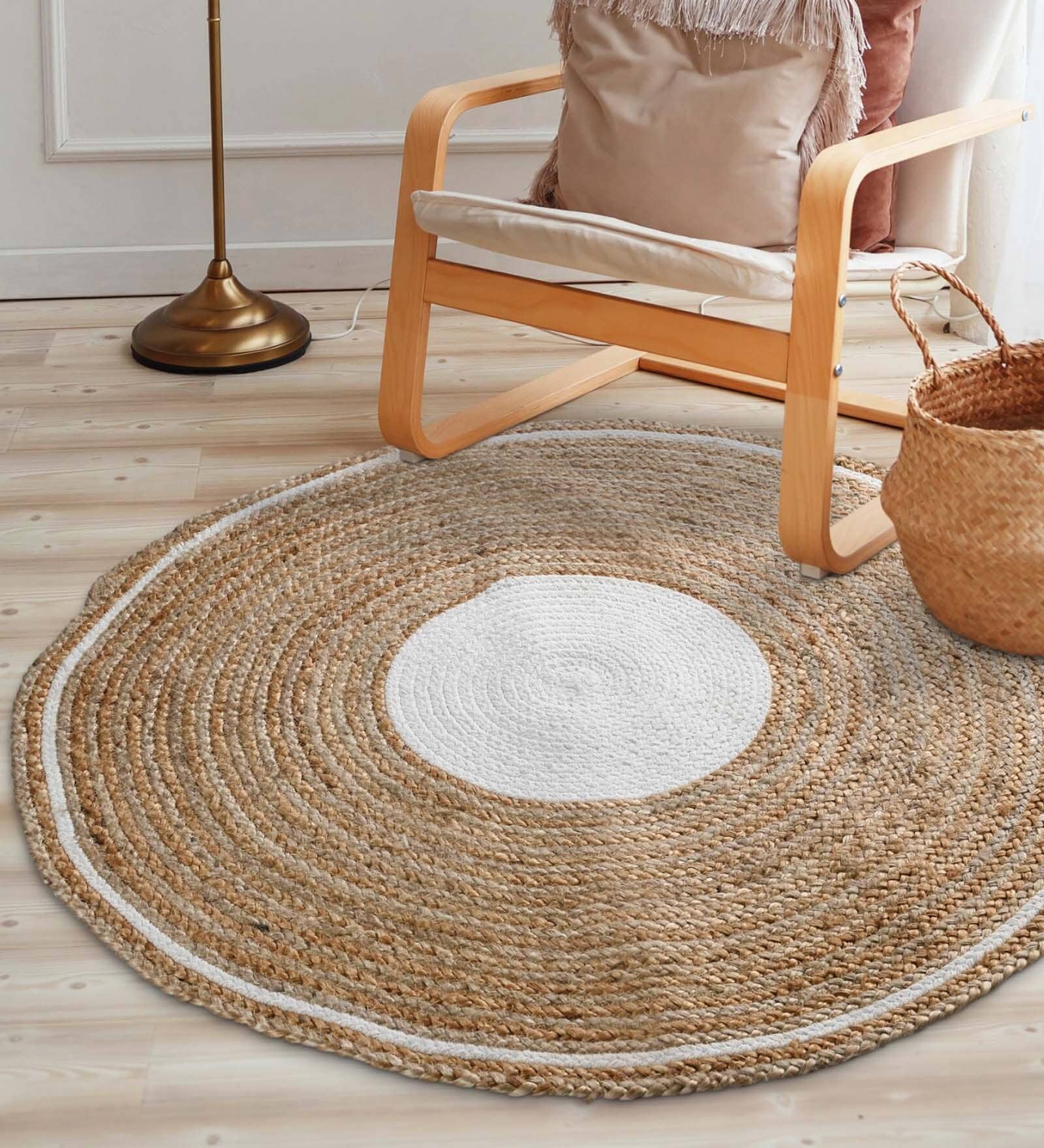 Natural Geometric Jute & Cotton 3 ft x 3 ft Hand Woven Round Carpet