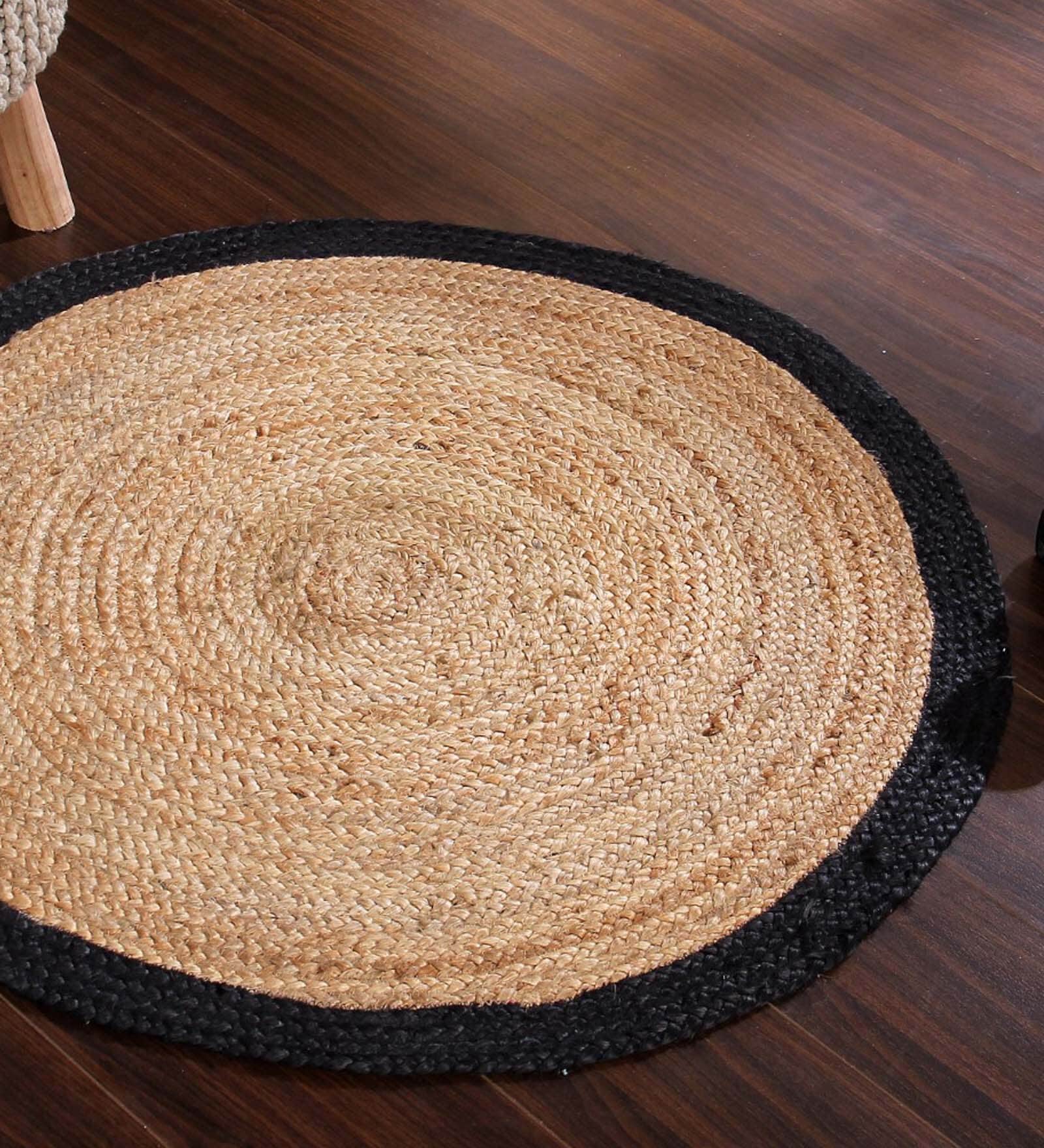 Natural Geometric Jute & Cotton 3 ft x 3 ft Hand Woven Round Carpet