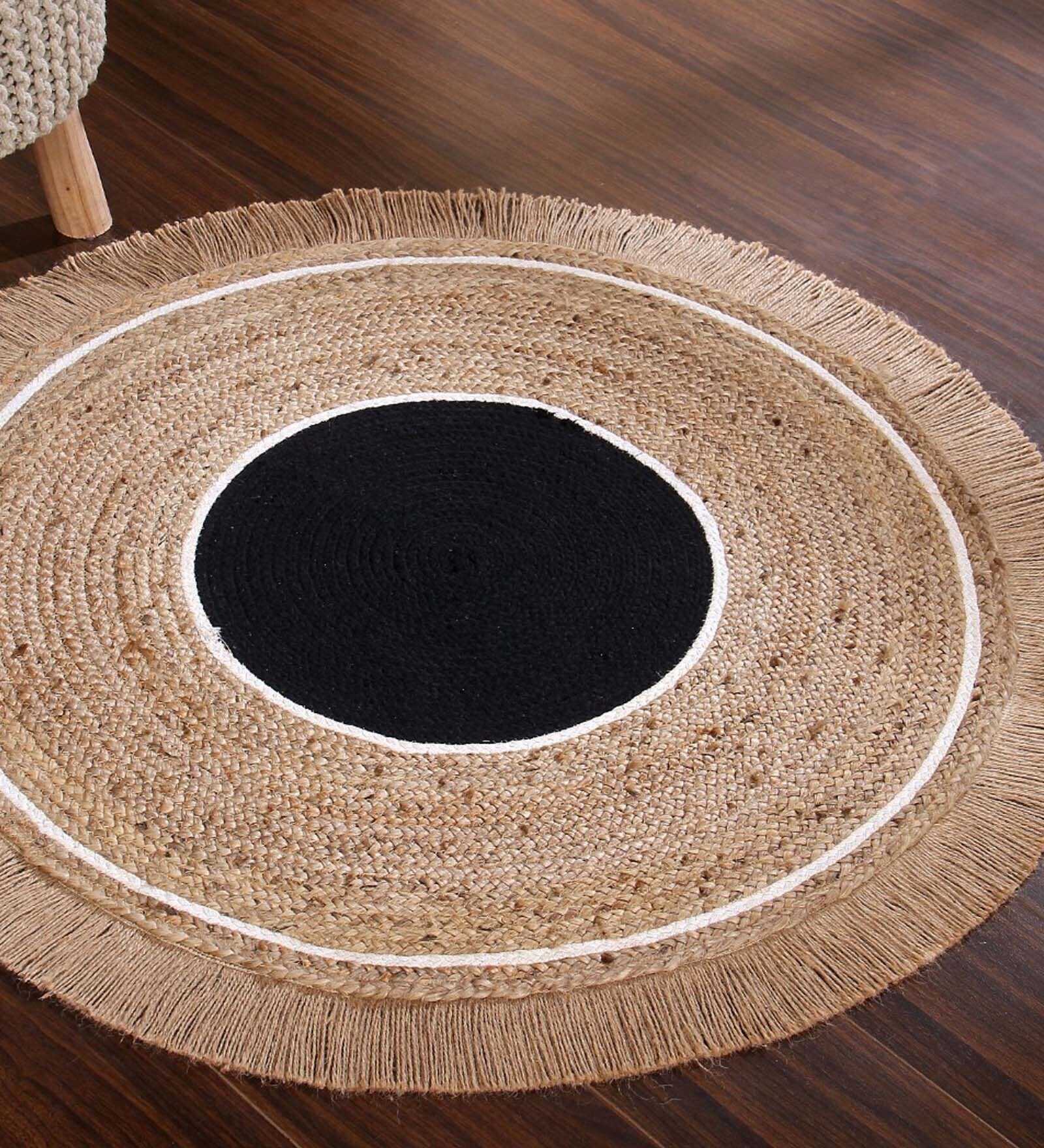 Natural Geometric Jute & Cotton 3 ft x 3 ft Hand Woven Round Carpet