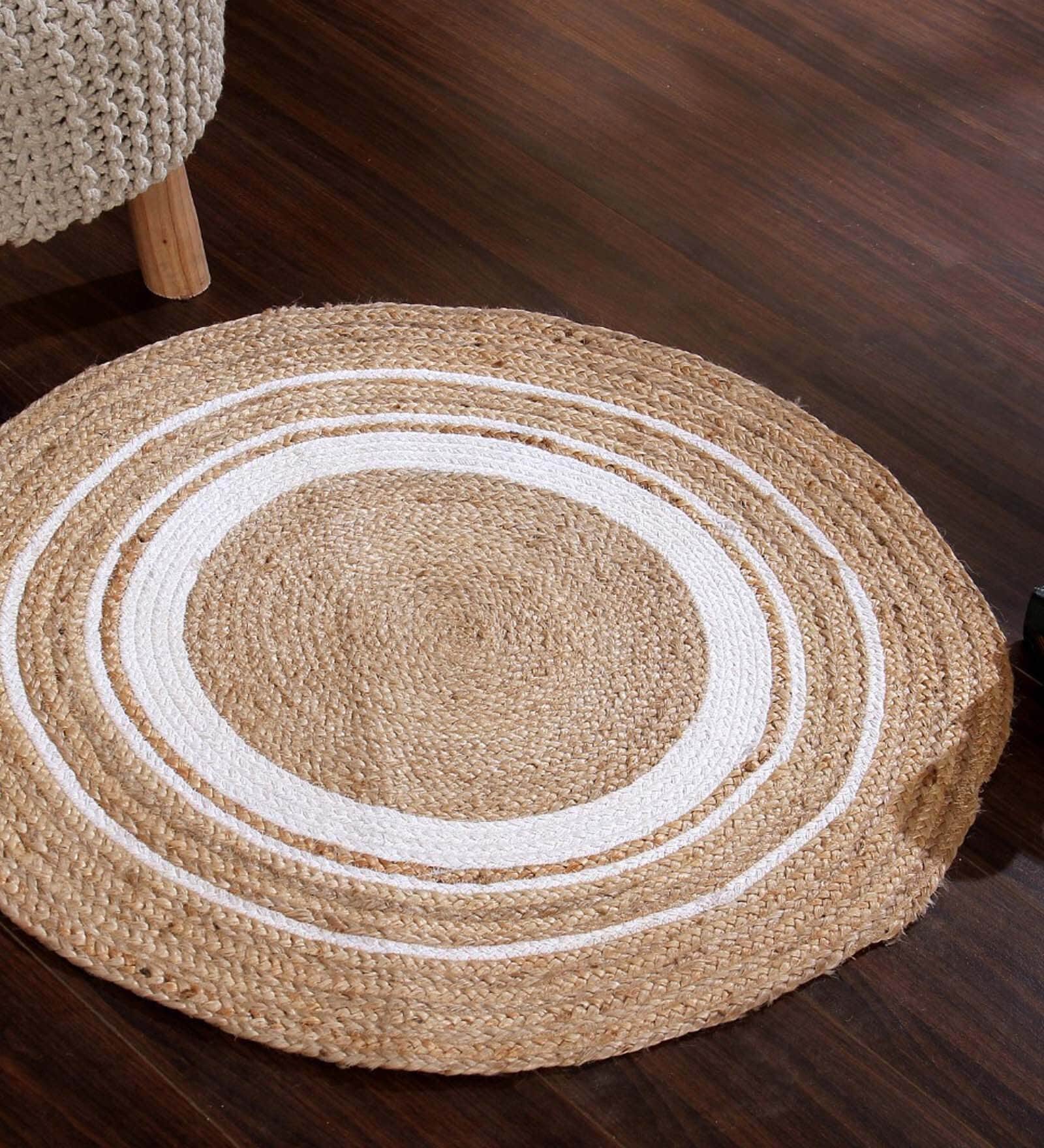 Natural Geometric Jute & Cotton 3 ft x 3 ft Hand Woven Round Carpet