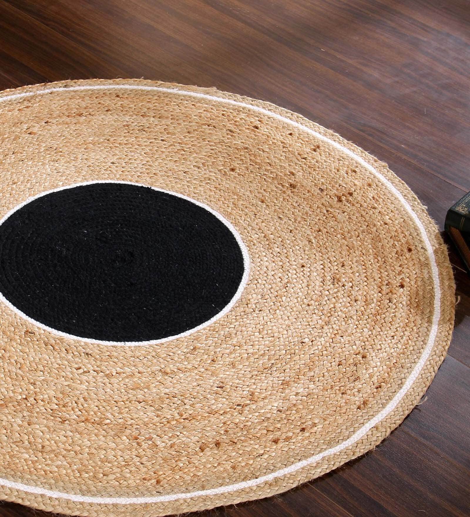 Natural Geometric Jute & Cotton 4 ft x 4 ft Hand Woven Round Carpet