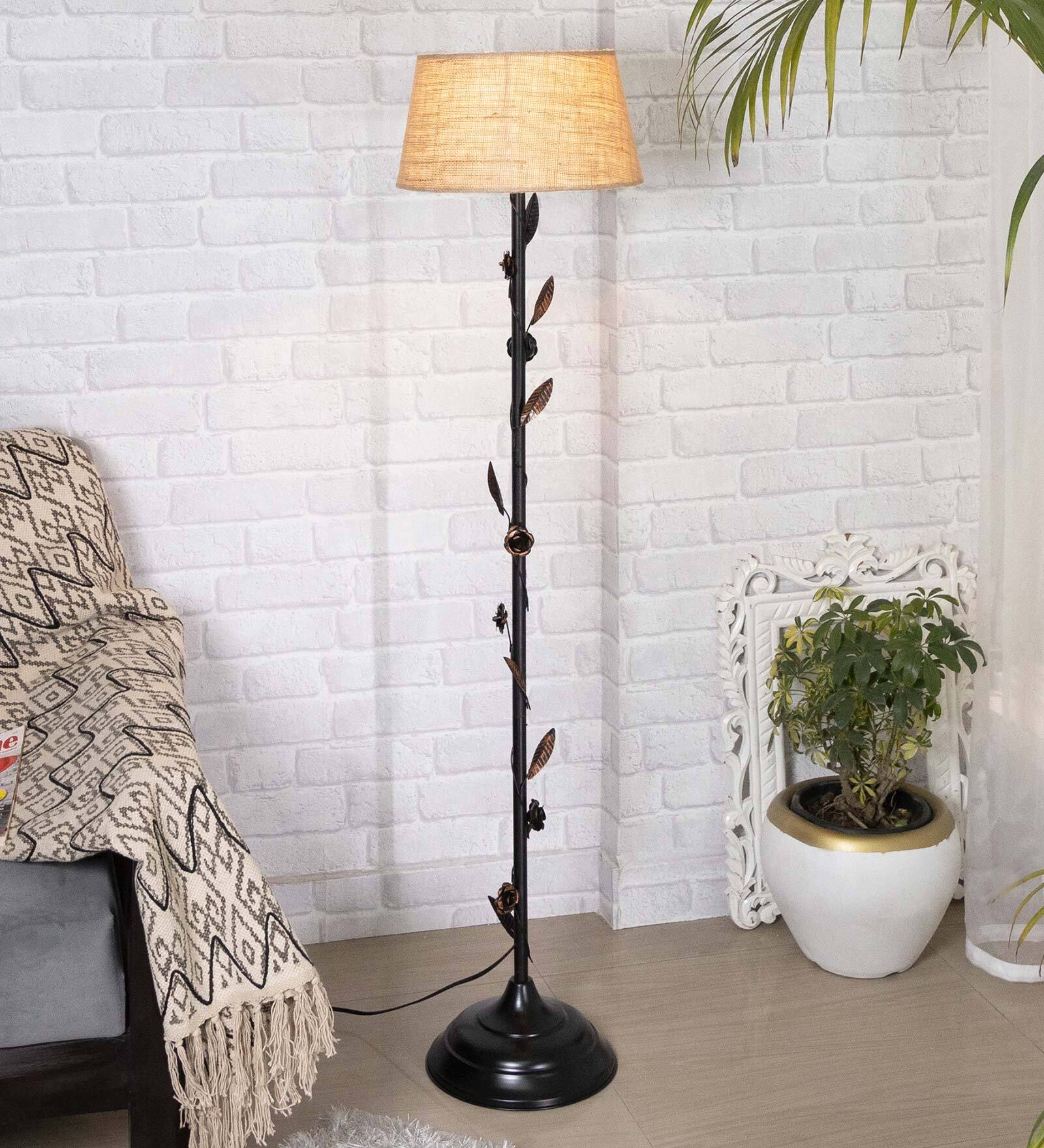 Beige Cotton Shade Floor Lamp With Metal Base