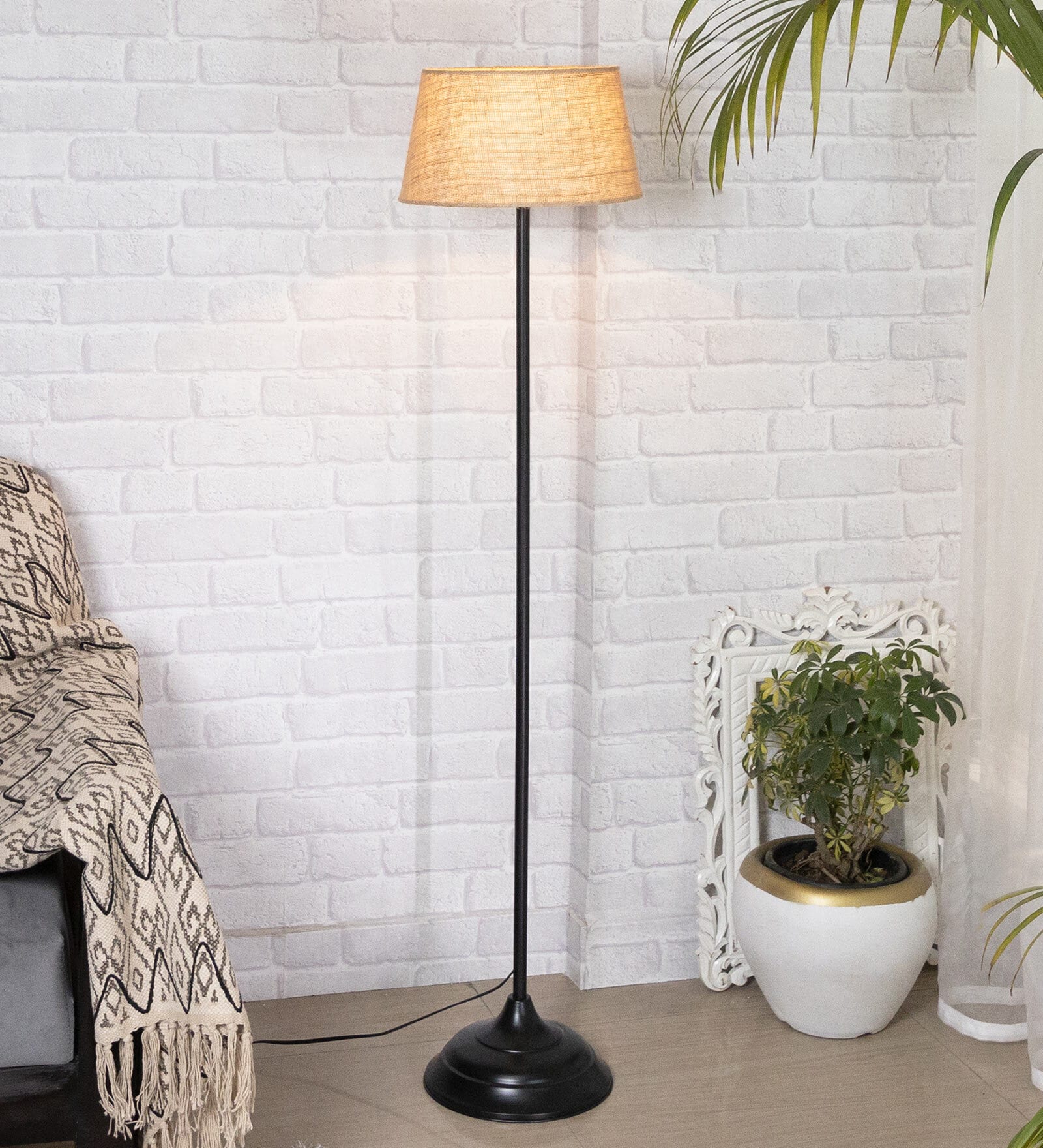 Tokyo Beige Cotton Shade Club Floor Lamp With Metal Base