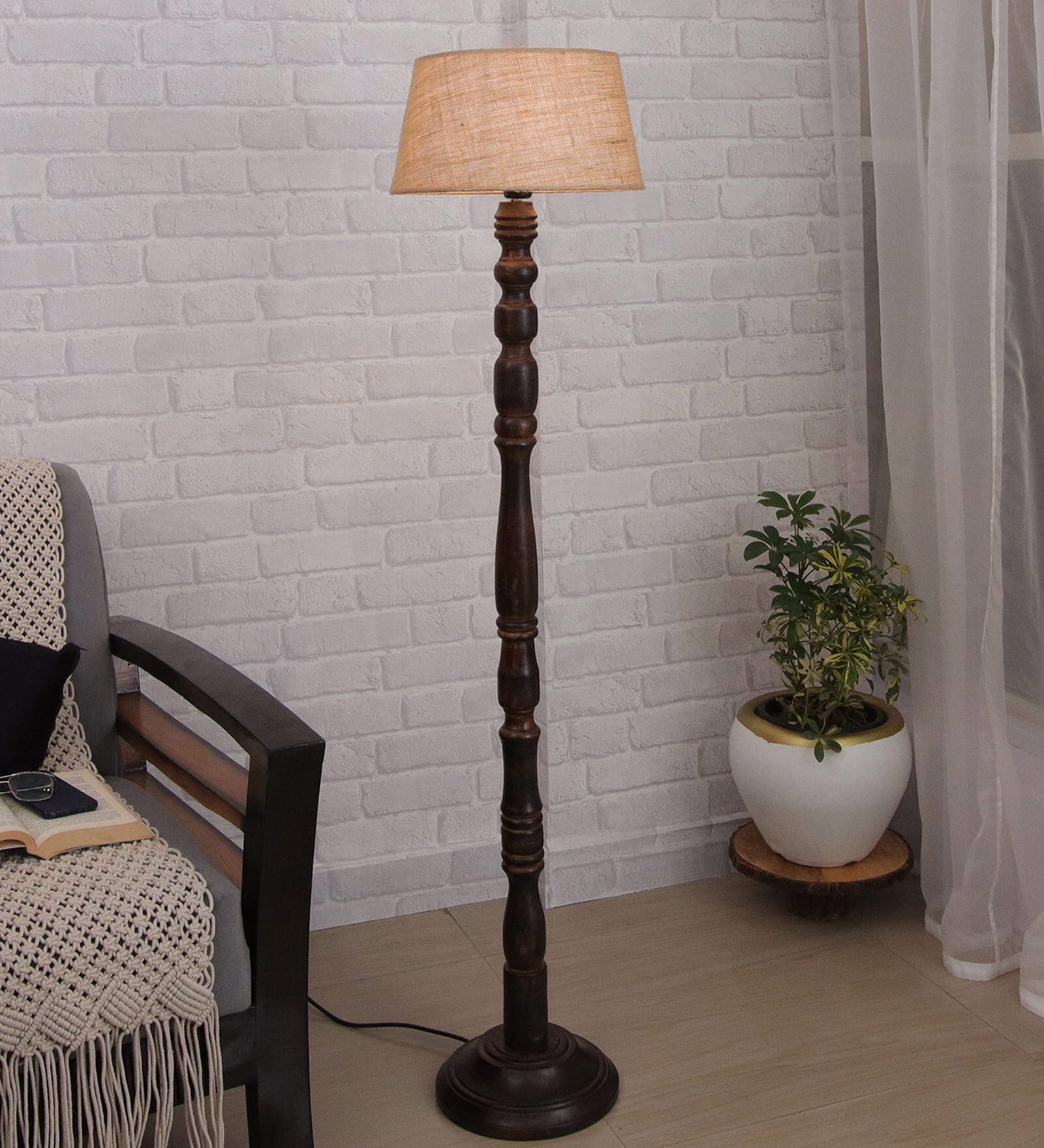 Designer Beige Cotton Shade Club Floor Lamp With Wood Base