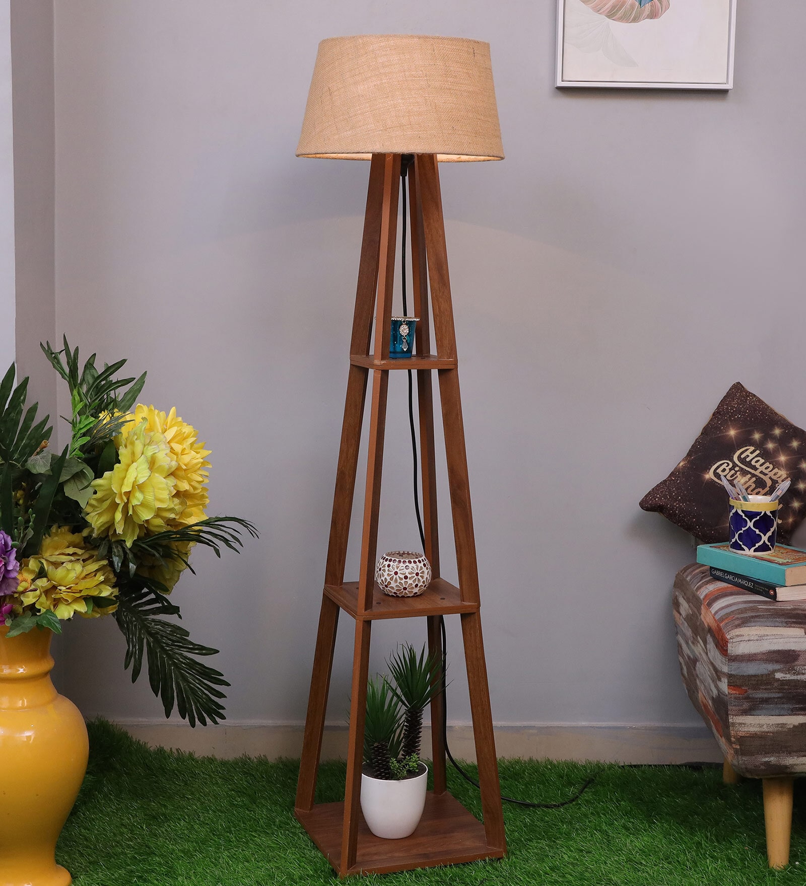 Beige Cotton Shade Floor Lamp With Wooden Base