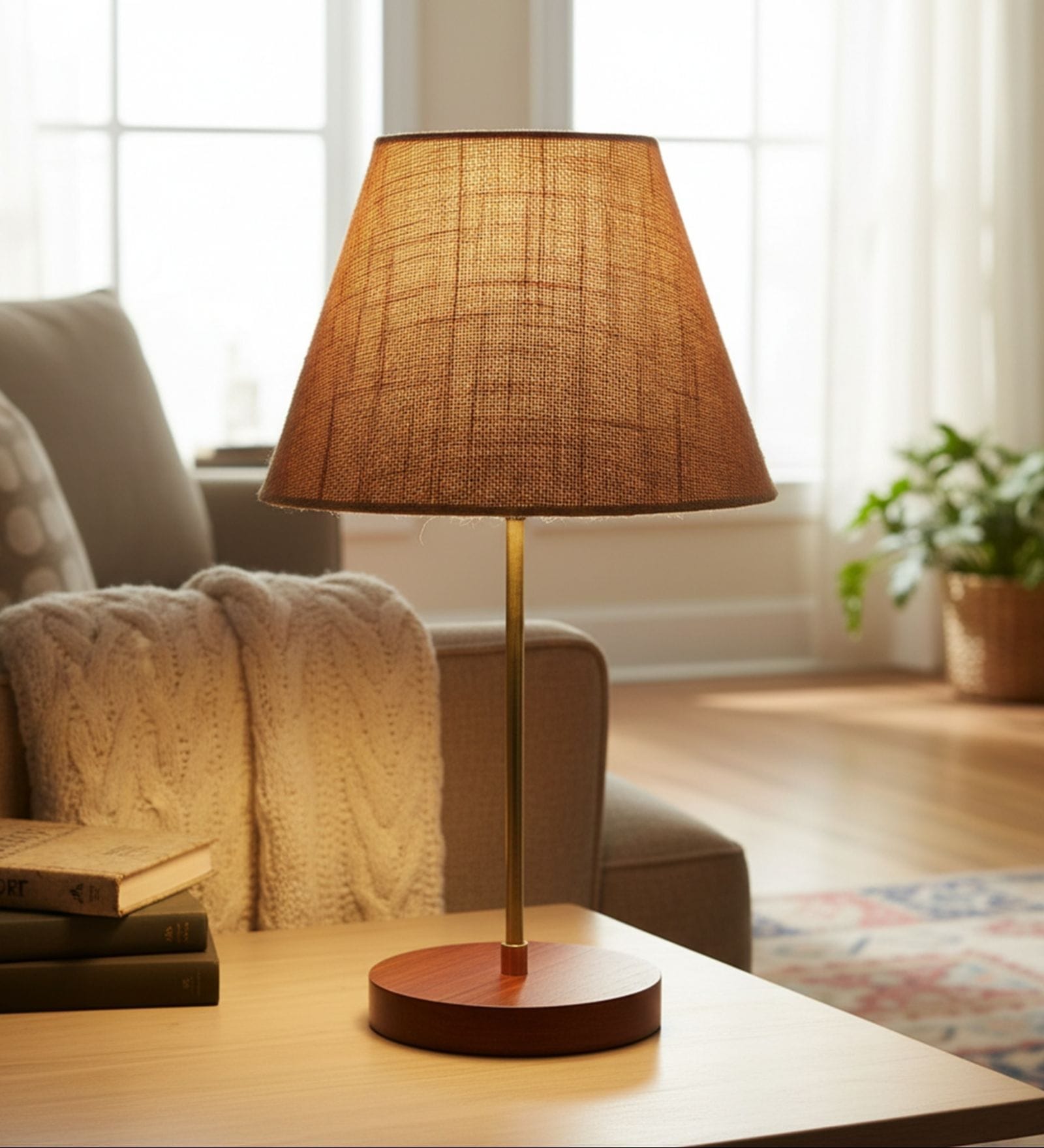 Natural Jute Fabric Shade Table Lamp, Brown Wooden Base Bedside & Desk Light for Bedroom, Living Room & Home Decor