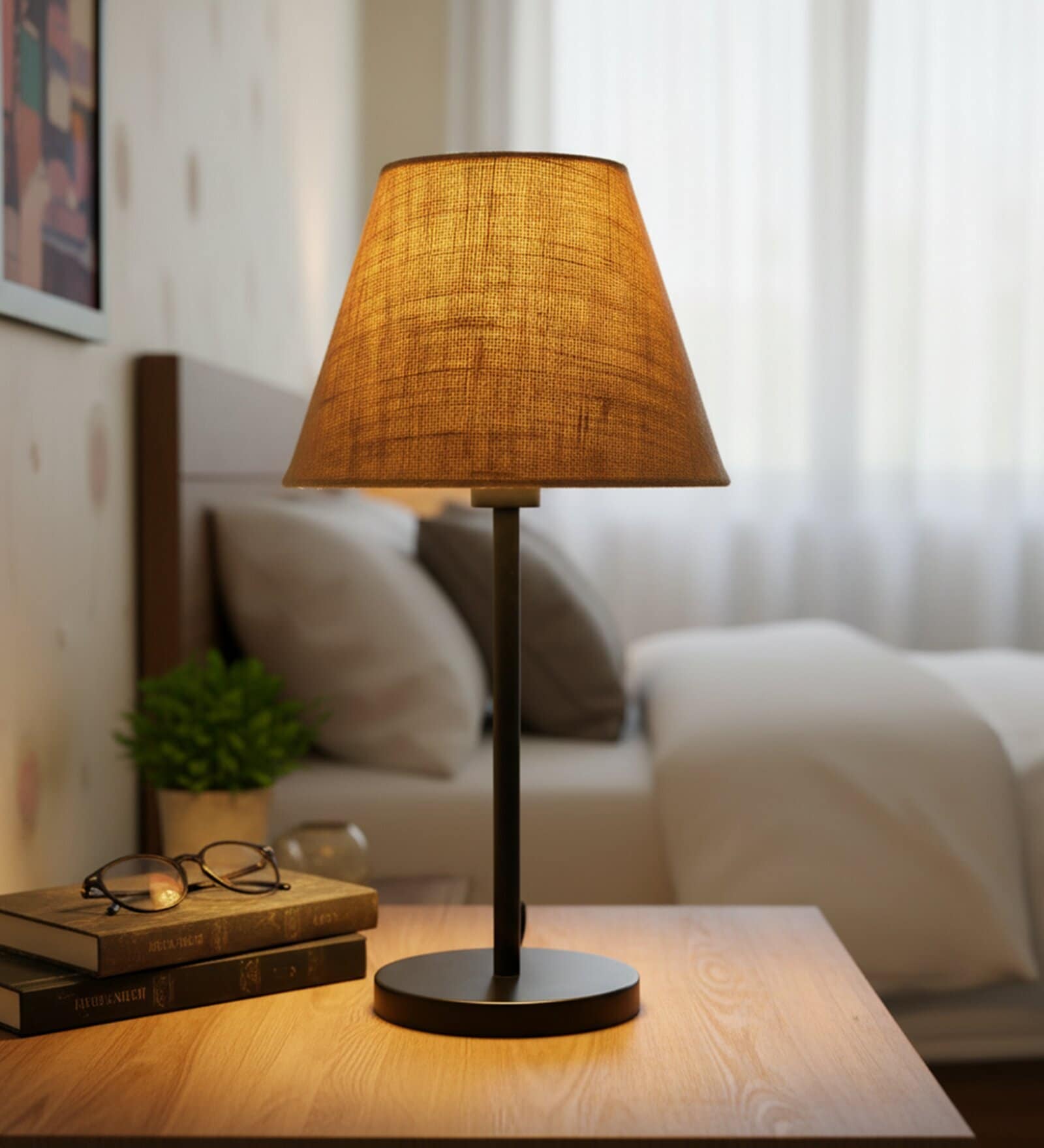 Natural Jute Fabric Shade Table Lamp, Modern Bedside & Desk Lamp with Metal Base for Bedroom, Living Room & Home Decor