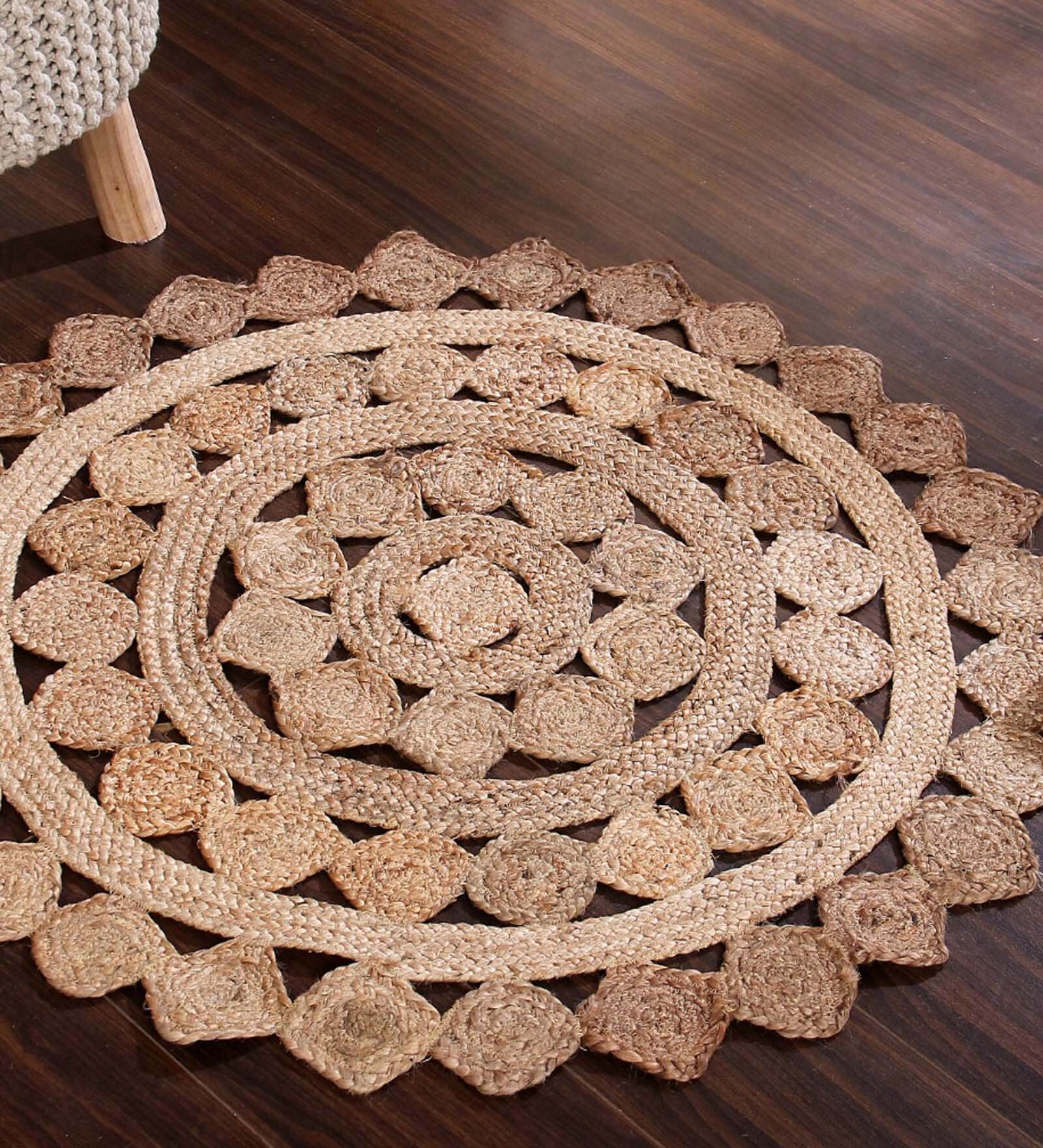 Natural Abstract Jute 3 ft x 3 ft Hand Woven Round Carpet