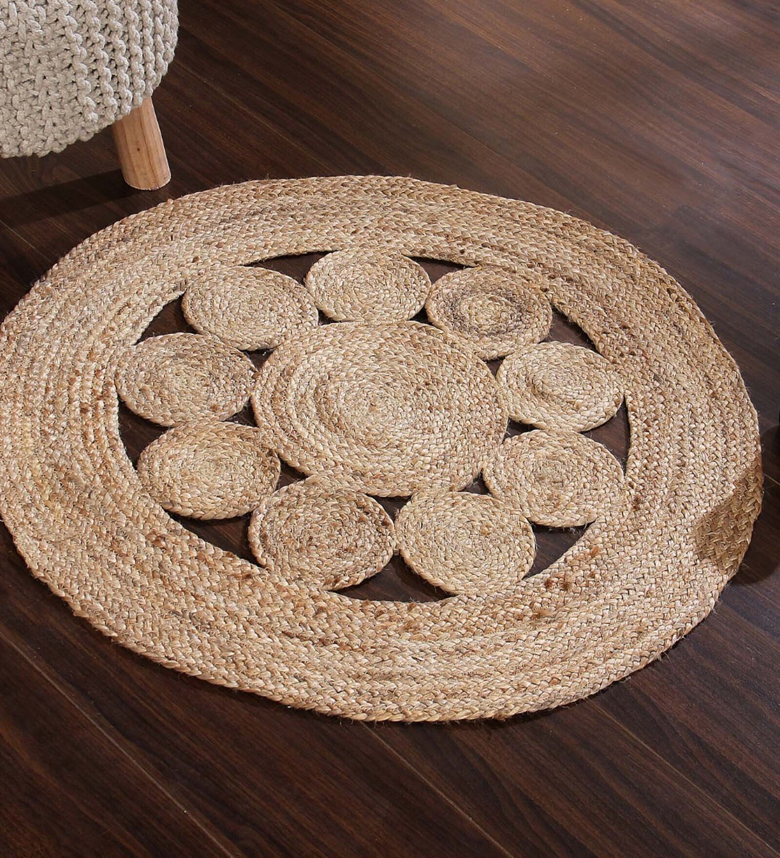 Natural Abstract Jute 3 ft x 3 ft Hand Woven Round Carpet