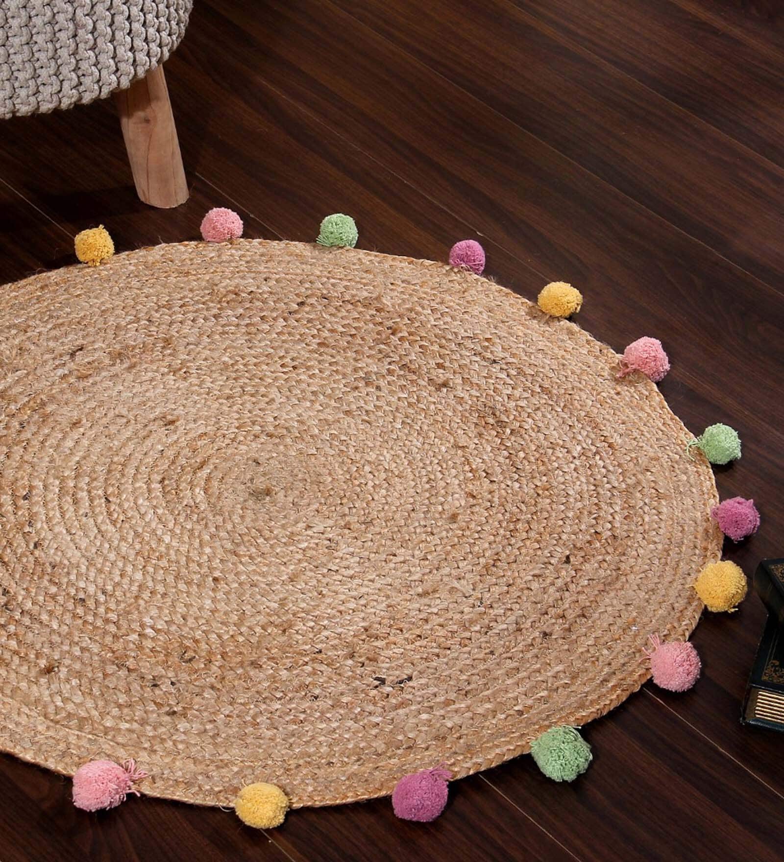 Natural Solid Jute 3 ft x 3 ft Hand Woven Round Carpet