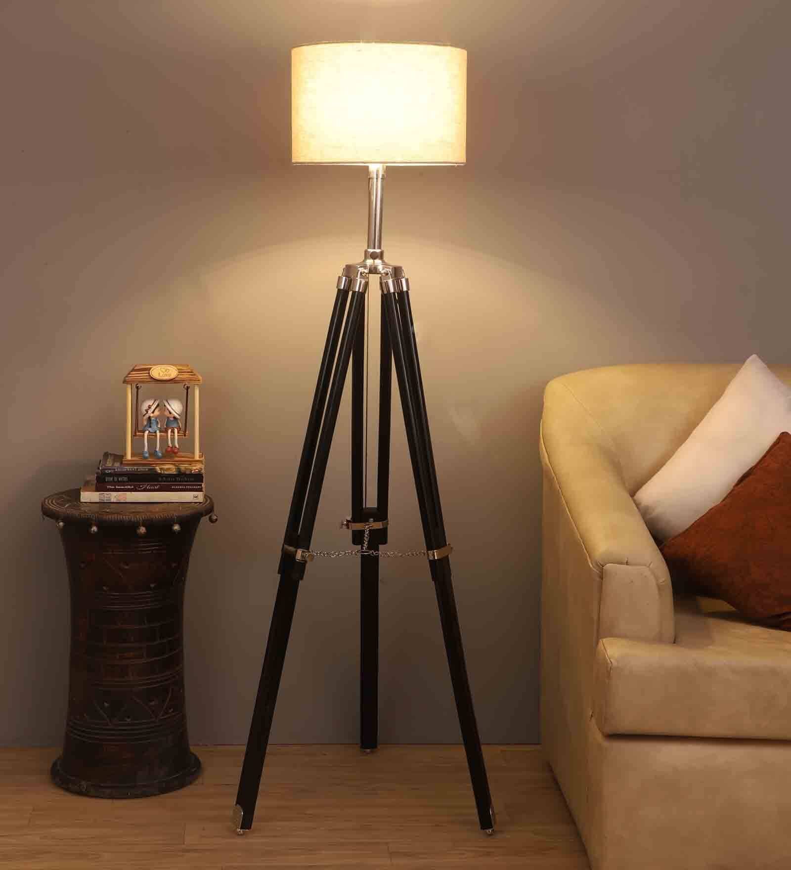 Natural Linen Shade  Floor Lamp with Black Base