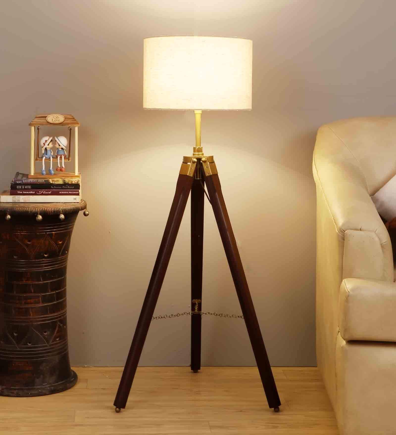 Intricate Natural Linen Shade Tripod Floor Lamp With Mango wood Base
