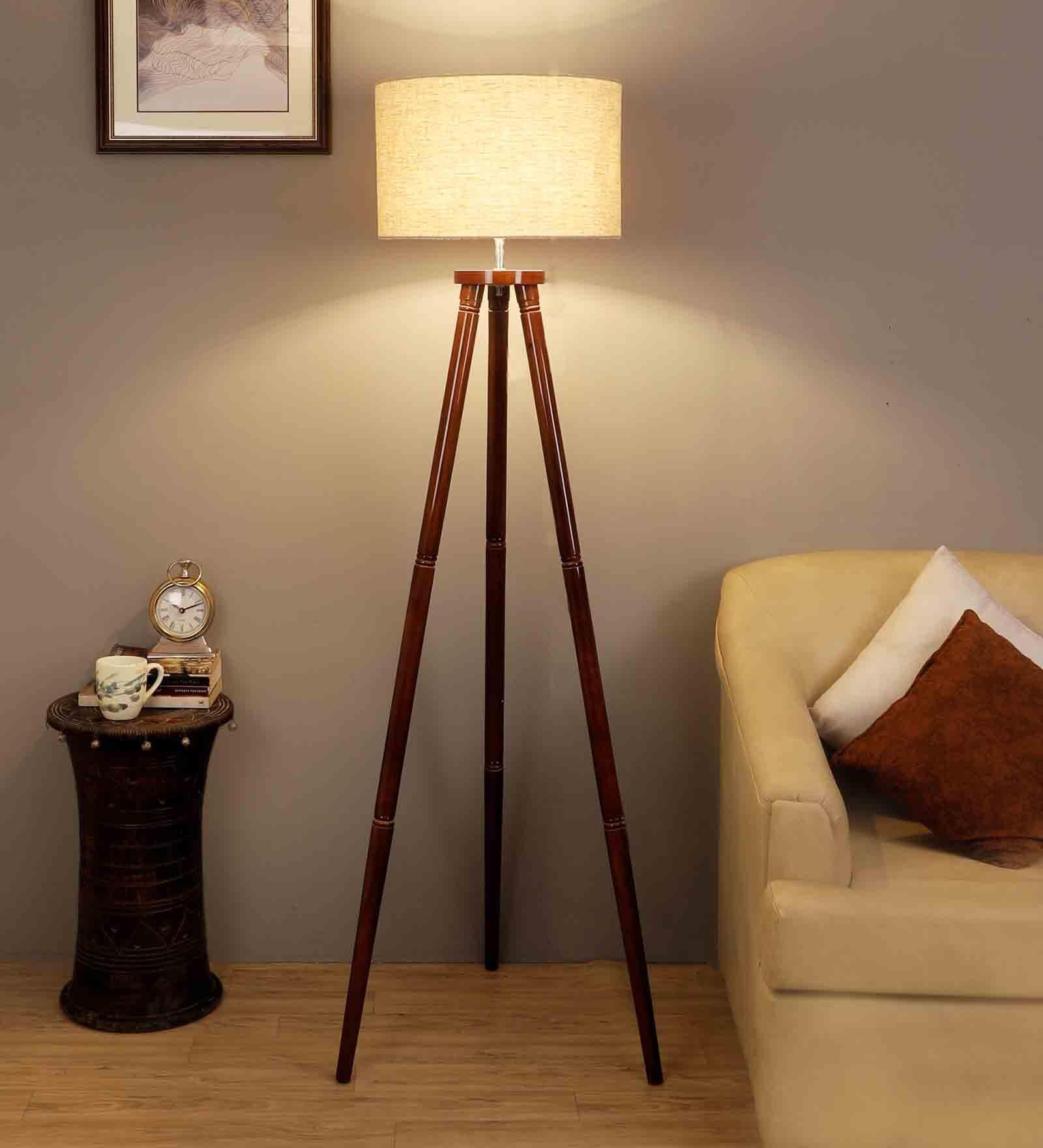 Natural Linen Shade  Floor Lamp With Walnut Base