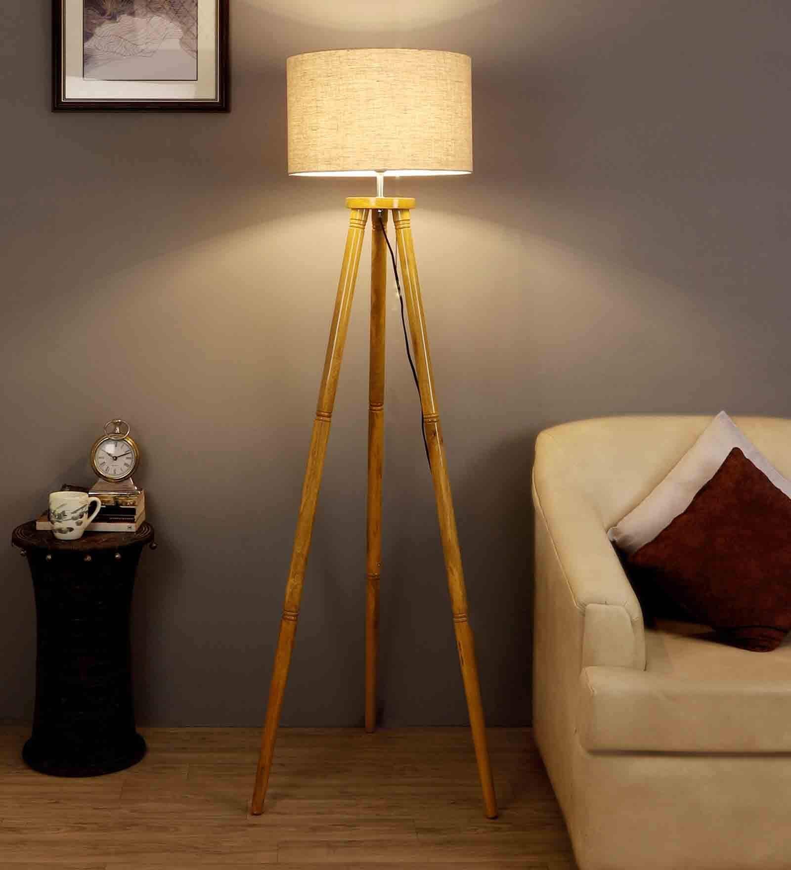 Natural Linen Shade  Floor Lamp with Yellow Base