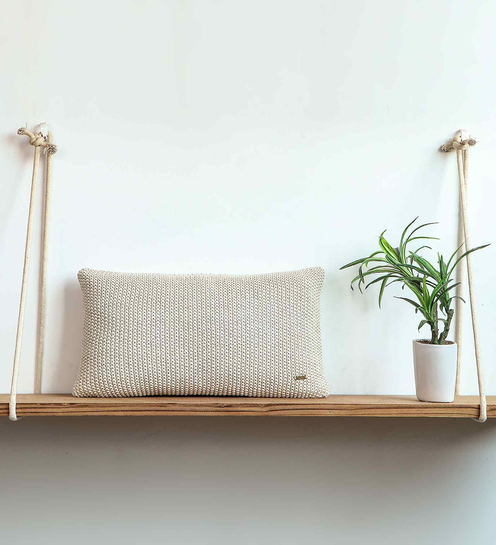 Natural Melange & Pale Whisper 100% Cotton Moss Marld 12X20 Inches Knitted Cushion Cover