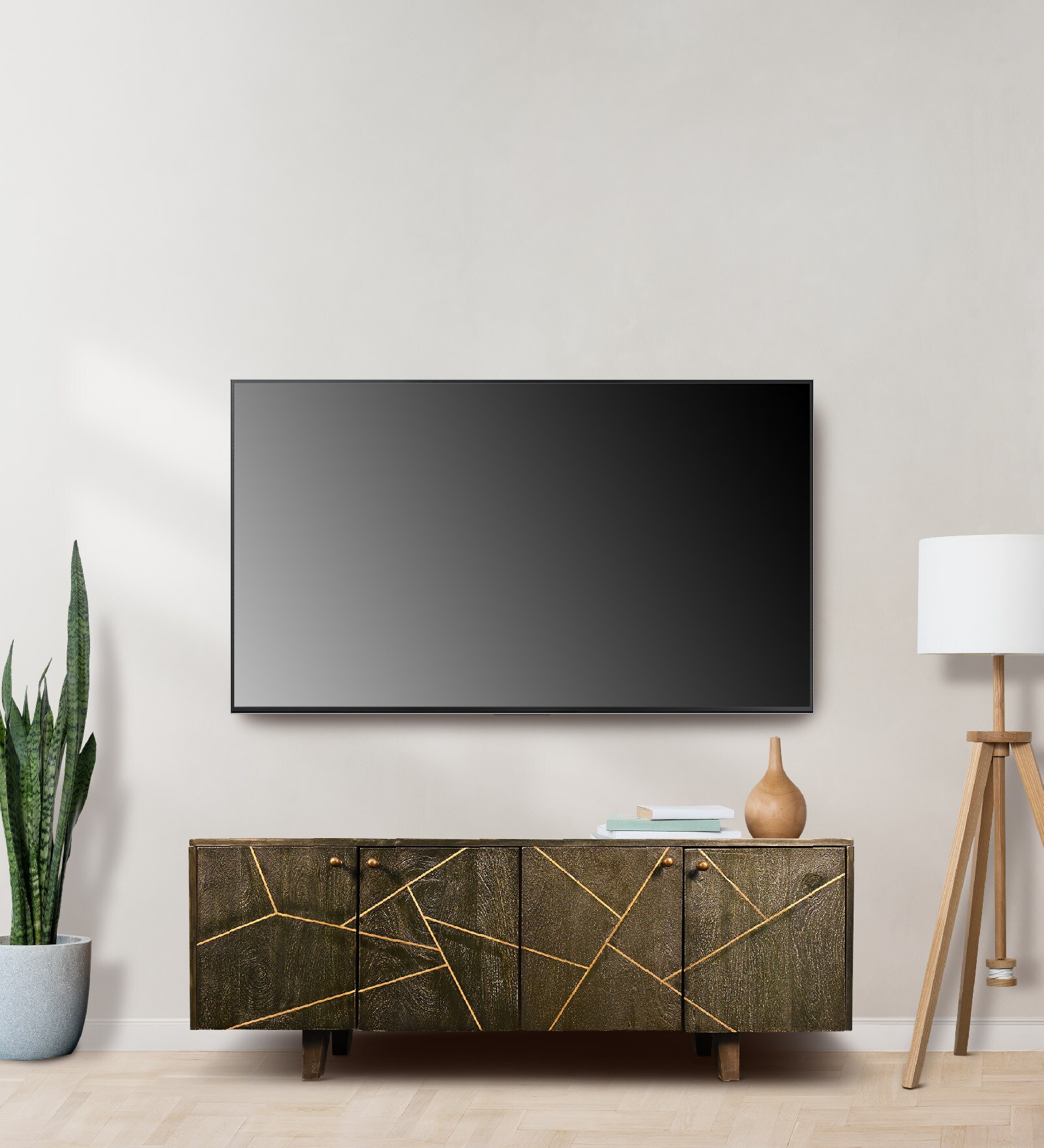 Magn Solid Wood Tv Cabinet In Green Colour