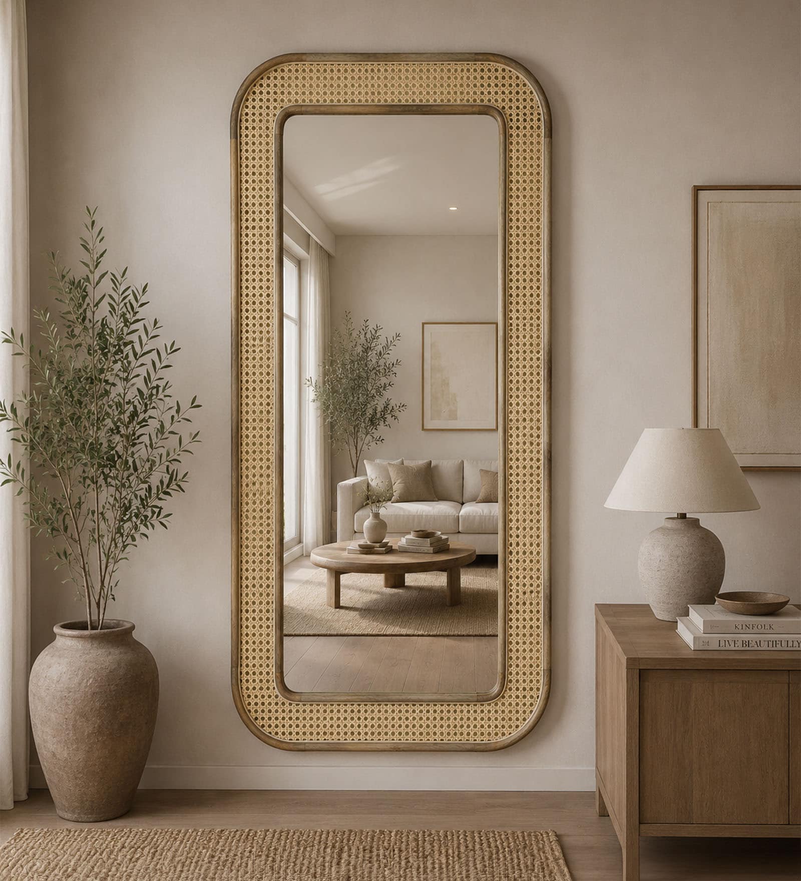 Natural Solid Wood Cane Mirror 4 Ft. Rectangular Wall Mirror