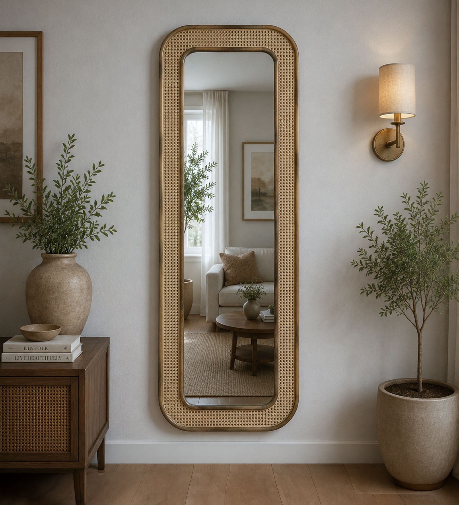 Natural Solid Wood Cane Mirror 5 Ft. Rectangular Wall Mirror