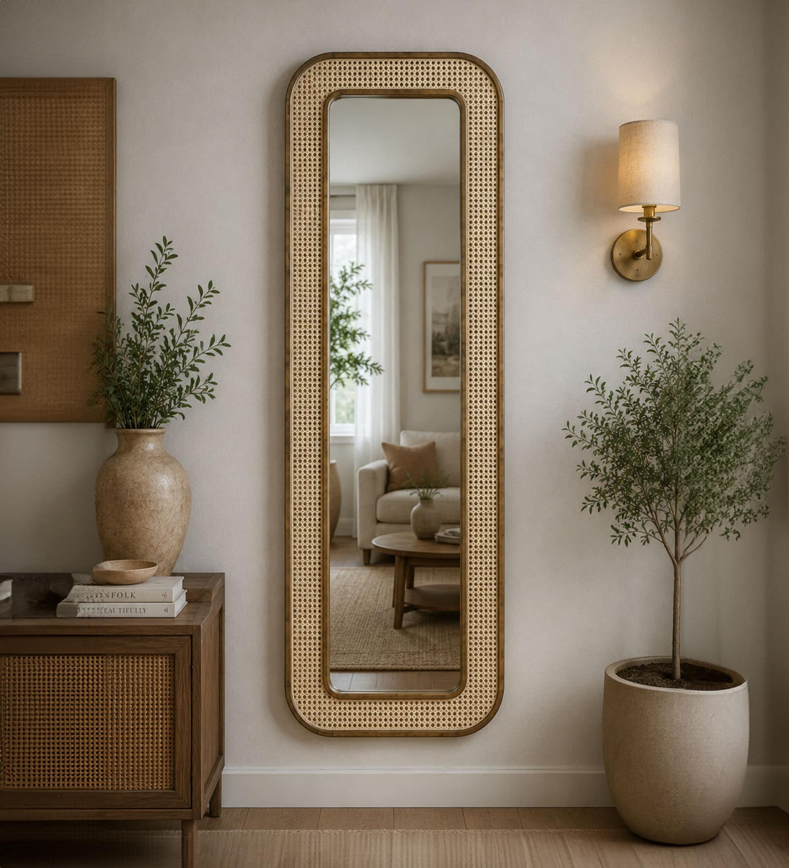 Natural Solid Wood Cane Mirror 6 Ft. Rectangular Wall Mirror