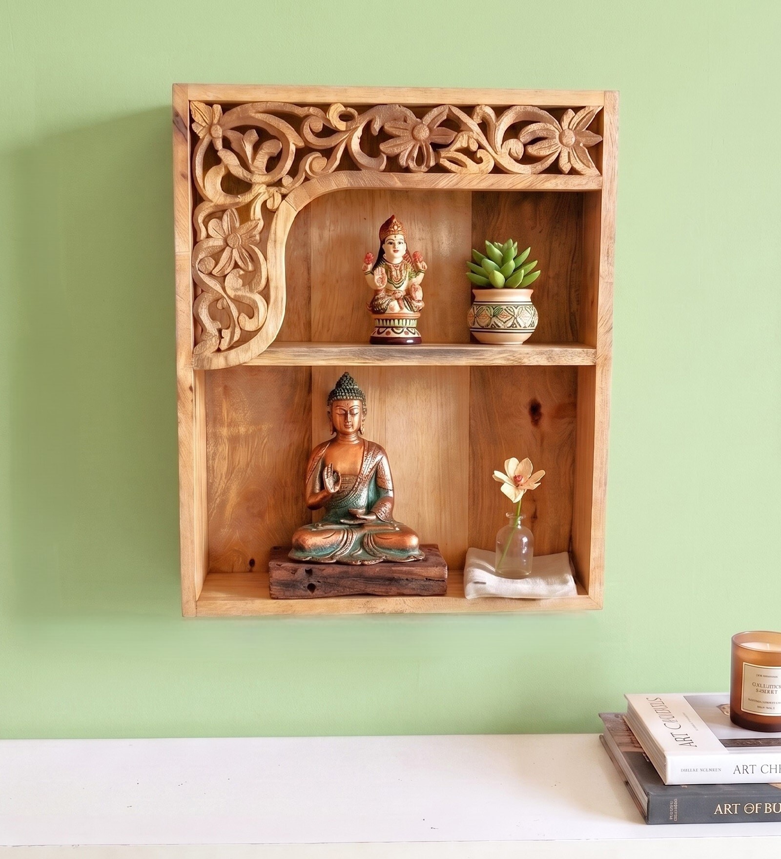 Brown Solid Wood Handcarved Dvaita Floating Wall Shelf With 2 Compartments