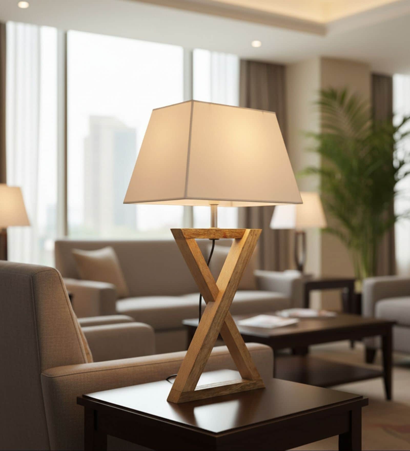 Natural Walnut Finish Solid Wood Table Lamp with Black Fabric Shade